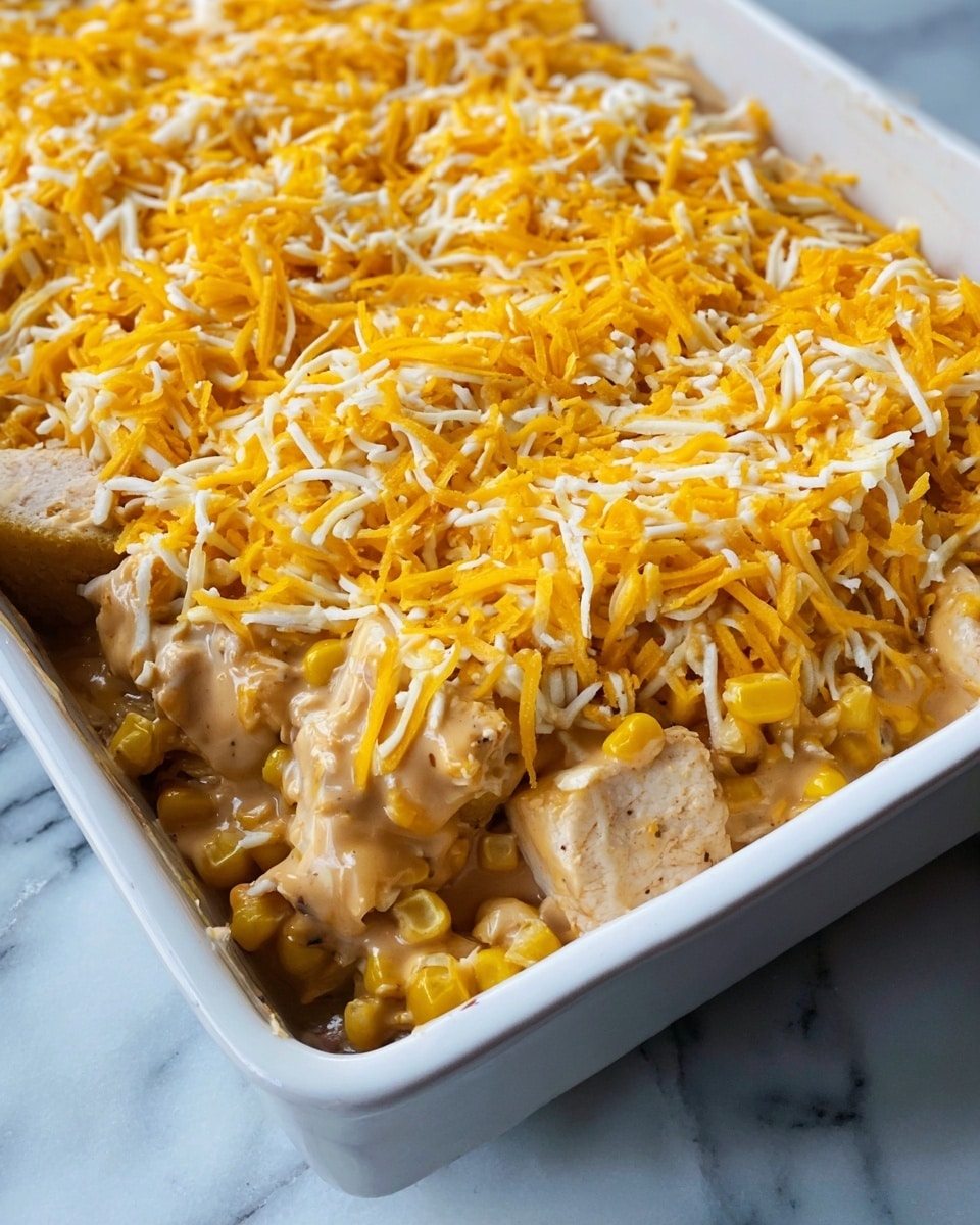A close-up of a white rectangular dish filled with a layered casserole. The bottom layer shows cooked yellow corn mixed with pieces of light brown chicken, covered in creamy, light brown sauce with a smooth texture that spreads unevenly. On top of this is a thick, bright layer of shredded cheese in mixed colors of yellow-orange and white, giving a soft and slightly stringy look. The dish rests on a white marbled surface. photo taken with an iphone --ar 4:5 --v 7
