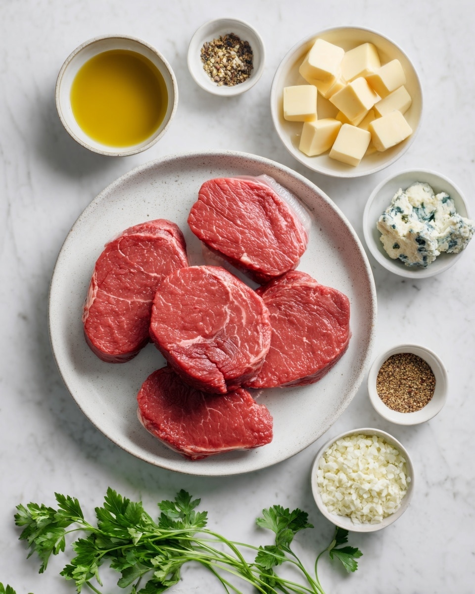 The image shows four raw red steaks placed close together on a large white plate with a light texture. Around the main plate, there are five smaller white bowls: one with light yellow olive oil, one with white creamy blue cheese, one with small cubes of pale yellow butter, one with a mix of ground spices in brown and black, and one with finely minced white garlic. Green parsley leaves are scattered on a white marbled surface around the plates, adding a fresh touch. photo taken with an iphone --ar 4:5 --v 7