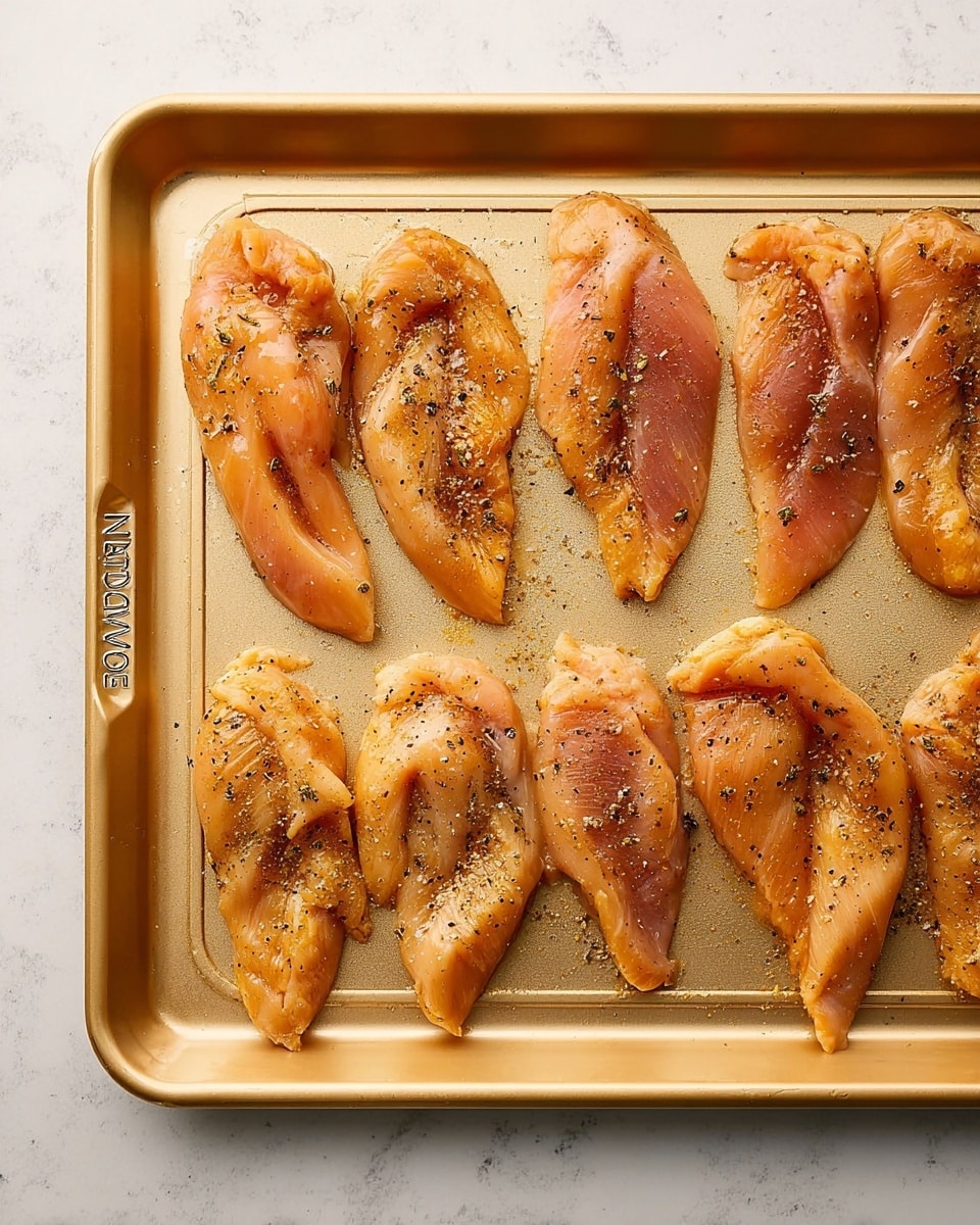 Raw chicken strips are arranged in two rows on a light gold baking tray with the brand