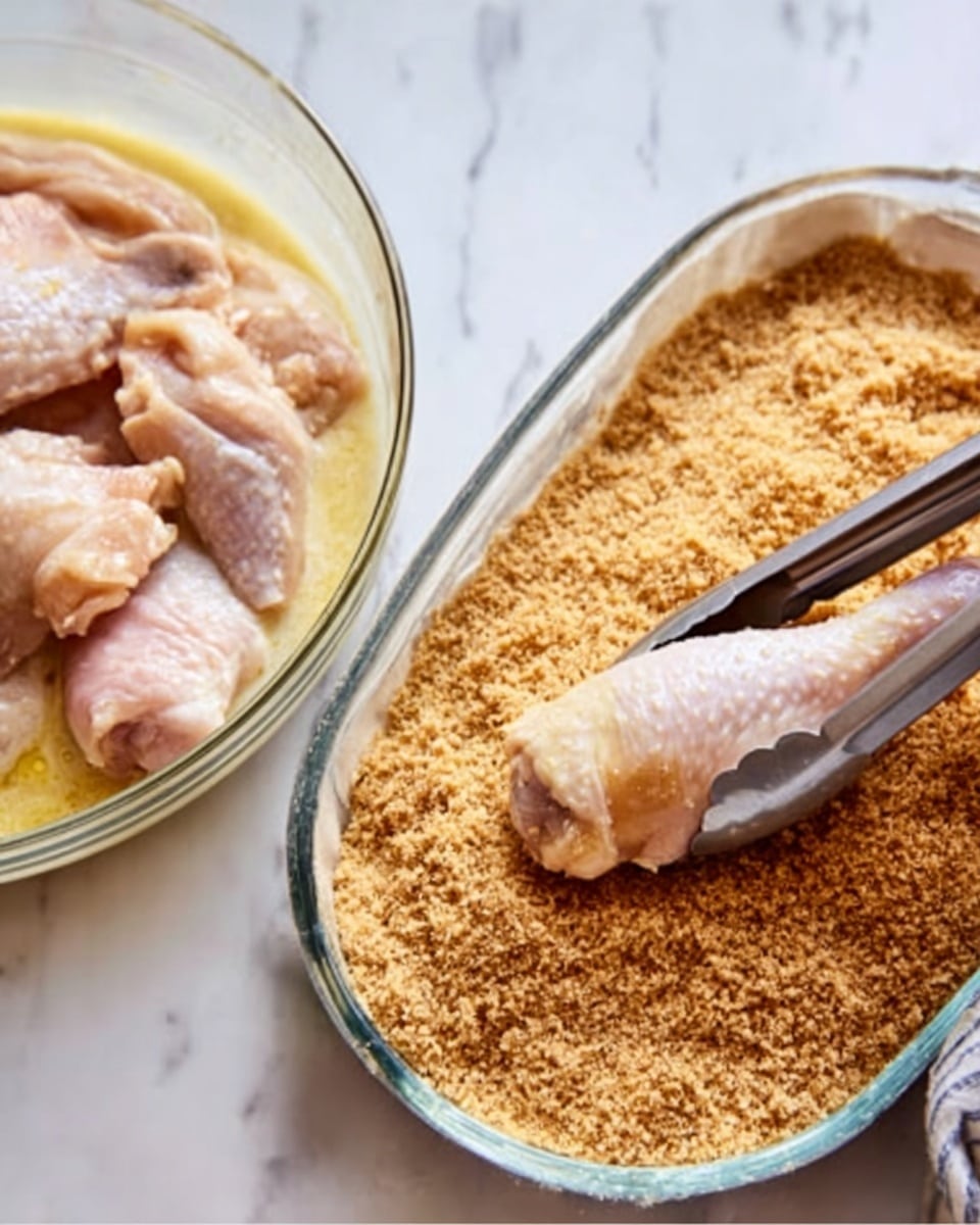 The image shows a close-up of a scene where a woman's hand is holding metal tongs and dipping a raw chicken drumstick into a bowl of coarse brown crumbs on the right side. To the left, there is a glass bowl filled with raw chicken pieces soaked in a pale yellow liquid. The surface underneath is a white marbled texture. Photo taken with an iphone --ar 4:5 --v 7