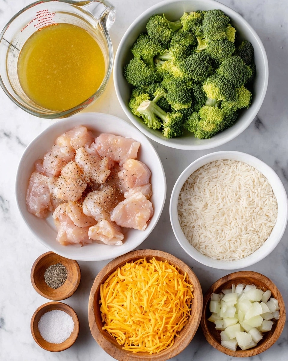 The image shows eight bowls arranged on a white marbled surface, each containing different ingredients. In the middle is a white bowl with raw chicken pieces, sprinkled with black pepper and salt. Above it to the right is another white bowl filled with broccoli florets, bright green and fresh. To the left of the broccoli bowl is a clear glass measuring cup with yellow chicken broth. Bottom right corner holds a white bowl filled with shredded orange cheddar cheese. To the far right is a wooden bowl with uncooked white rice. To the left of the chicken bowl is a wooden bowl full of chopped white onions. Below the onion bowl are three small wooden bowls arranged horizontally: the left one has salt and pepper, the middle one is empty or has a light brown liquid, and the right one contains minced garlic. Photo taken with an iphone --ar 4:5 --v 7