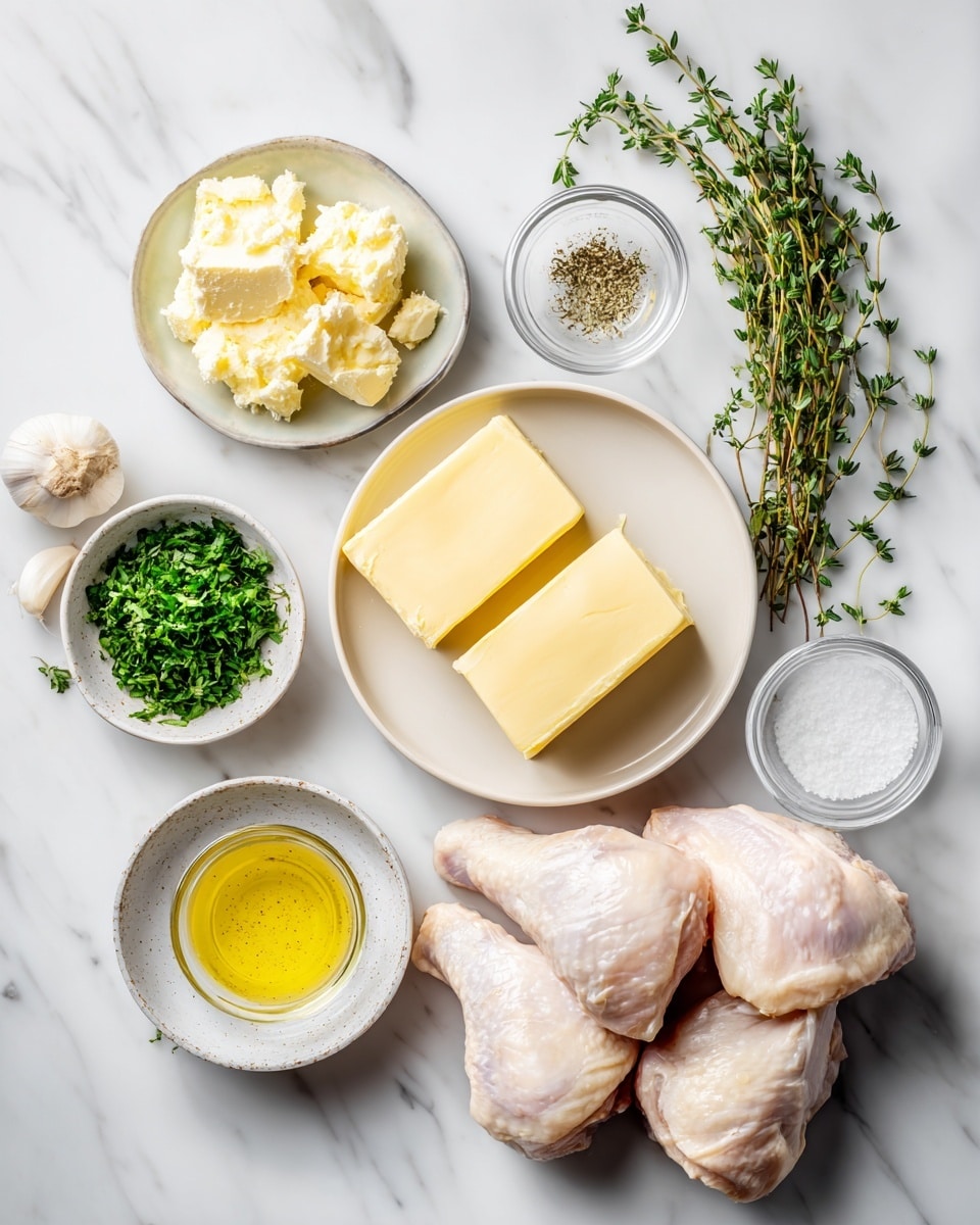 Top-down professional food photography flat lay style on a bright white marble countertop, neatly arranged, evenly spaced, tidy, clean organized layout. Include: small plate of unsalted butter divided into two portions, small bowl of minced garlic, small bowl of chopped fresh parsley, small bowl of chopped fresh thyme, small glass cup of lemon juice, small bowl of salt, small bowl of ground pepper, four prepared chicken pieces. Bright soft natural lighting, sharp focus, high detail textures, realistic reflections, professional DSLR look, 4K. No finished dish, no cooked food, no hands, no text, no watermark, no brand logos --ar 4:5 --v 7