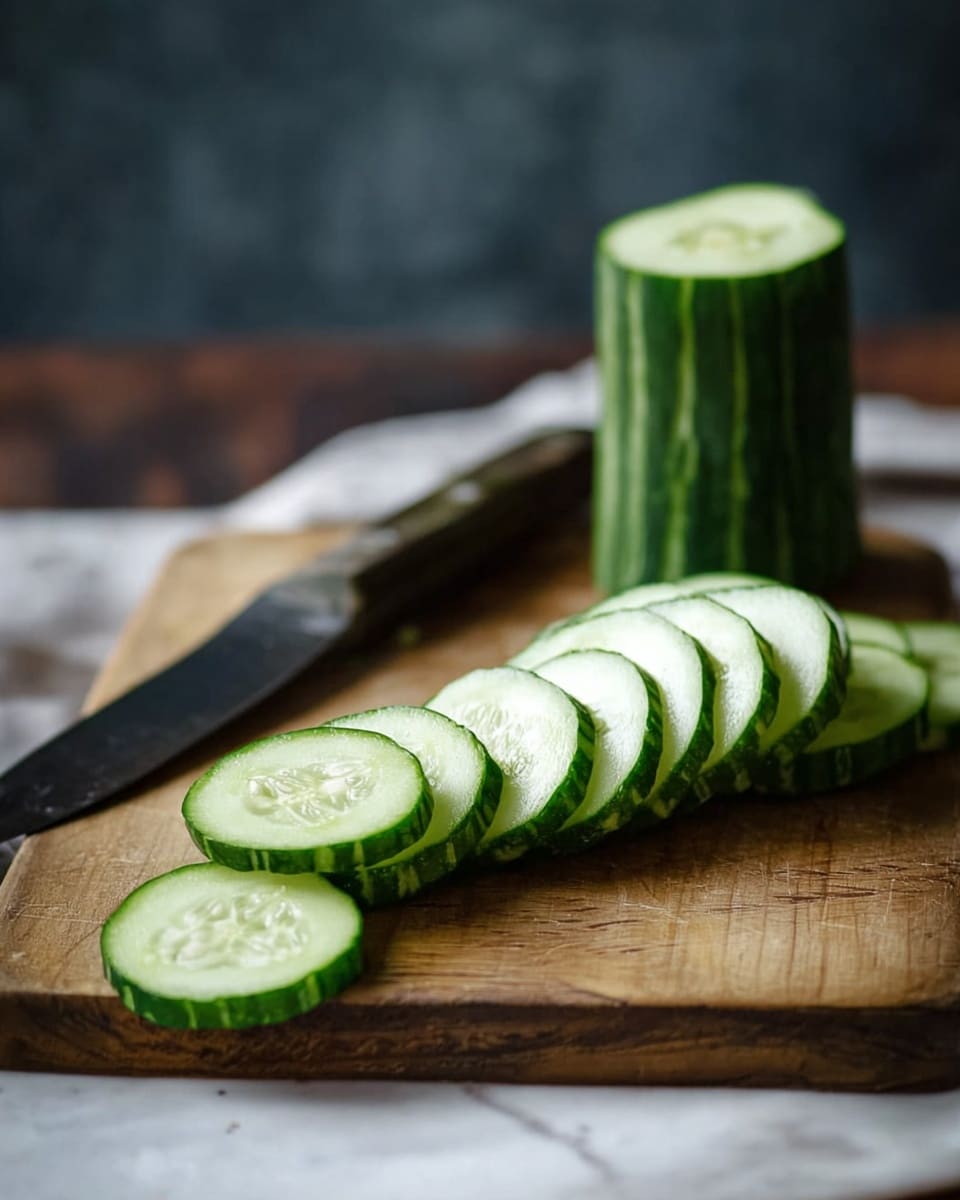 A wooden cutting board lays on a white marbled surface with a cucumber sliced into round pieces arranged in a line from left to right. The cucumber slices show their light green interior with small seeds, bordered by a darker green, textured skin. Behind the slices, the whole cucumber stands partially cut, showing smooth green ridges. To the left of the cucumber is a large kitchen knife with a dark handle resting on the cutting board. The background is blurred with dark and neutral tones. Photo taken with an iphone --ar 4:5 --v 7