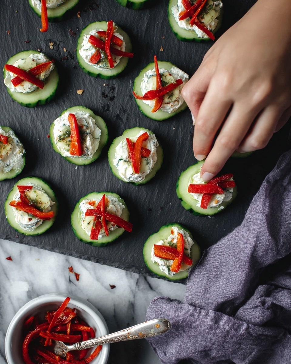 The image shows many cucumber slices laid out on a dark surface with a white marbled texture underneath. Each cucumber slice has three layers: the bright green cucumber base, a creamy white spread dolloped in the center, and thin strips of roasted red pepper arranged on top in a crisscross pattern. A woman's hand is picking up one of the cucumber snacks from the right side. To the bottom left of the frame, a white bowl holds extra roasted red pepper strips, and nearby there is a butter knife with more spread on the blade. A soft purple cloth is casually placed on the right edge. Photo taken with an iphone --ar 4:5 --v 7