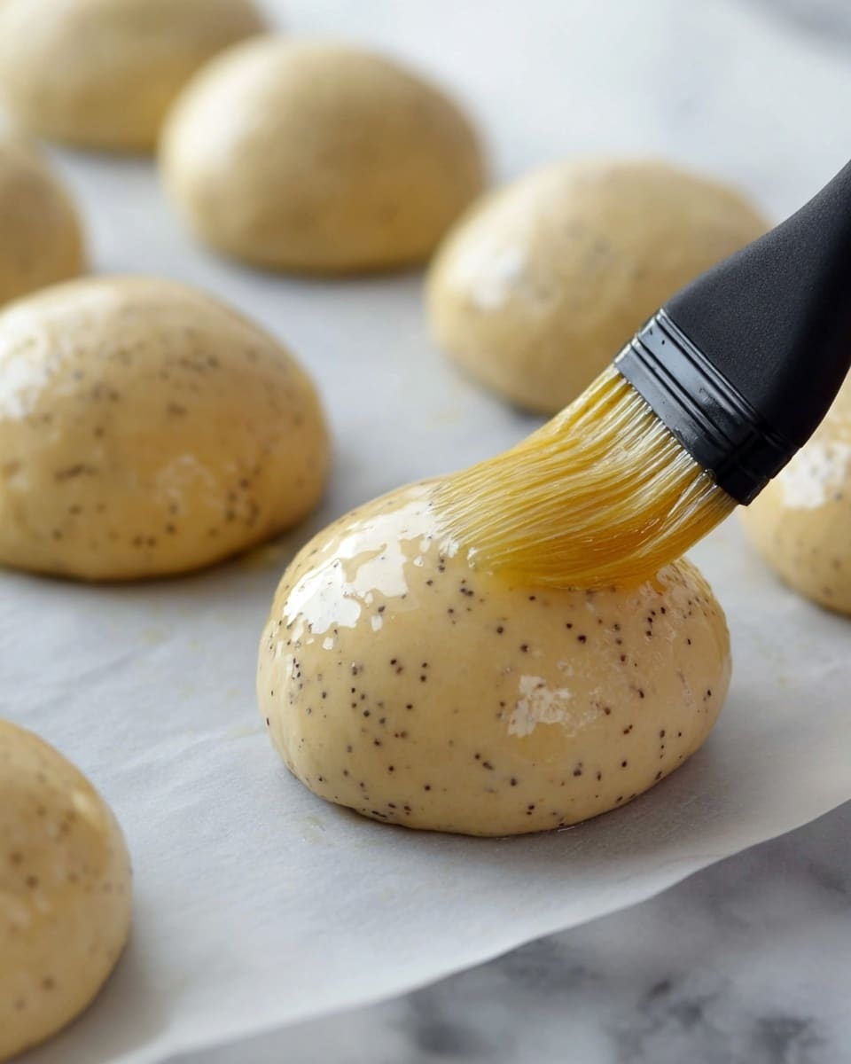 The image shows several round dough balls with a smooth, light beige color and small dark specks, placed on white parchment paper over a white marbled surface. A black brush with translucent yellow bristles is gently applying a shiny layer of egg wash or glaze on the closest dough ball, creating a glossy texture that highlights the rounded shape. The dough balls are evenly spaced, and the background is softly out of focus, making the brushed dough ball the main subject. Photo taken with an iphone --ar 4:5 --v 7
