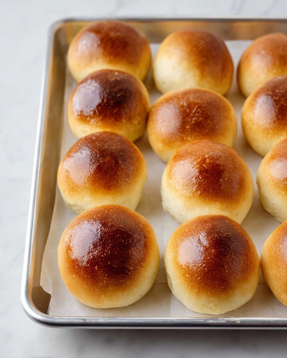 The image shows a metal baking tray filled with nine small round bread rolls. Each roll has a shiny, dark golden-brown top layer with a smooth texture and a lighter, fluffy bottom layer. The rolls are evenly spaced on a white parchment paper lining the tray. The tray is placed on a white marbled surface. photo taken with an iphone --ar 4:5 --v 7