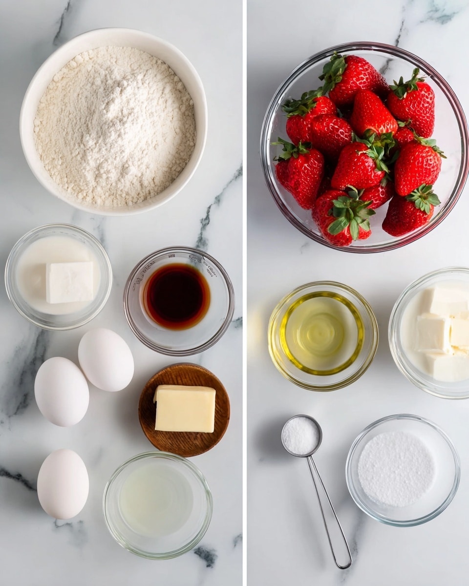 The image shows two sets of ingredients arranged neatly on a white marbled surface. On the left, there is a white bowl filled with flour at the top center, below it a white bowl with vanilla extract, a small square of butter, a clear measuring cup with milk, three white eggs placed close together, a small clear bowl with vegetable oil, and a small wooden bowl with salt. On the right, a clear round bowl holds fresh red strawberries with green tops, a measuring spoon containing a white powder, and a small clear bowl of white granulated sugar. The scene is bright and clean, with all items clearly visible in simple containers photo taken with an iphone --ar 4:5 --v 7