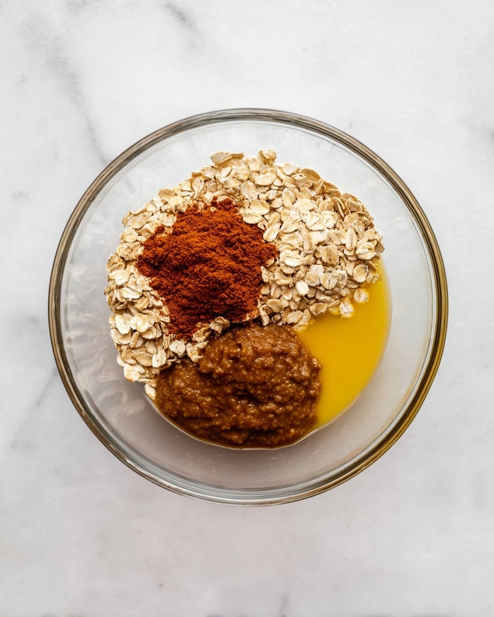 A clear glass bowl sits on a white marbled surface, holding four distinct layers of ingredients. On the left side, there is a rough-textured layer of beige rolled oats topped partly with a small mound of fine, reddish-brown cinnamon powder. Opposite to the oats is a smooth, thick layer of dark brown almond butter filling about a quarter of the bowl. Behind the almond butter is a thin yellow layer of honey that shines slightly under the light. The ingredients are separate, showing clear color contrasts and textures. Photo taken with an iphone --ar 4:5 --v 7