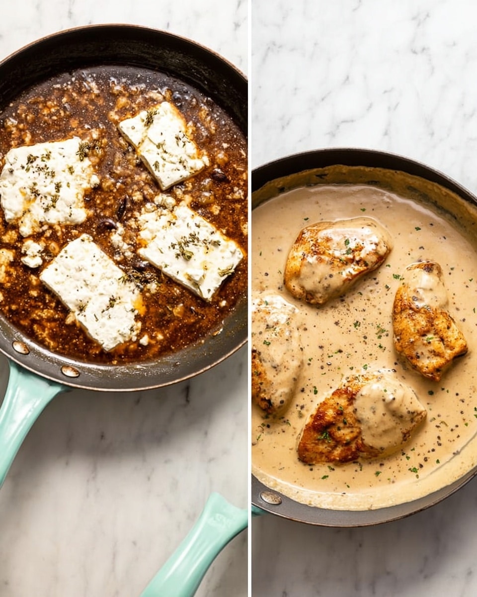 The image shows two side-by-side frying pans with a white marbled background. The pan on the left has a dark brown sauce with small bits in it, topped with several patches of white cream cheese and sprinkled with black pepper and herbs. The pan on the right shows four browned pieces of cooked chicken sitting in a thick, creamy light beige sauce that looks smooth and rich. The pans have a light teal handle and a black cooking surface. Photo taken with an iphone --ar 4:5 --v 7