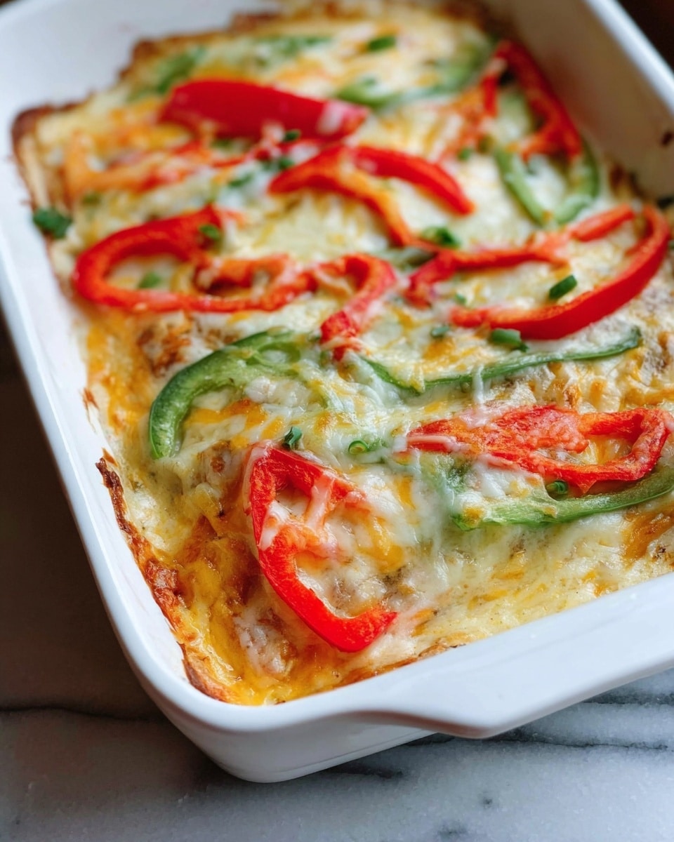 The image shows a white ceramic baking dish filled with a layered casserole. The bottom layer appears creamy and light yellow, topped with melted cheese that is slightly browned in spots. On top of the cheese, there are colorful slices of red and green bell peppers spread evenly across the dish. The cheese is melted and stringy, blending with the vegetables. The dish is resting on a white marbled surface, and the photo is taken close up, showing the texture of the melted cheese and fresh peppers clearly. photo taken with an iphone --ar 4:5 --v 7
