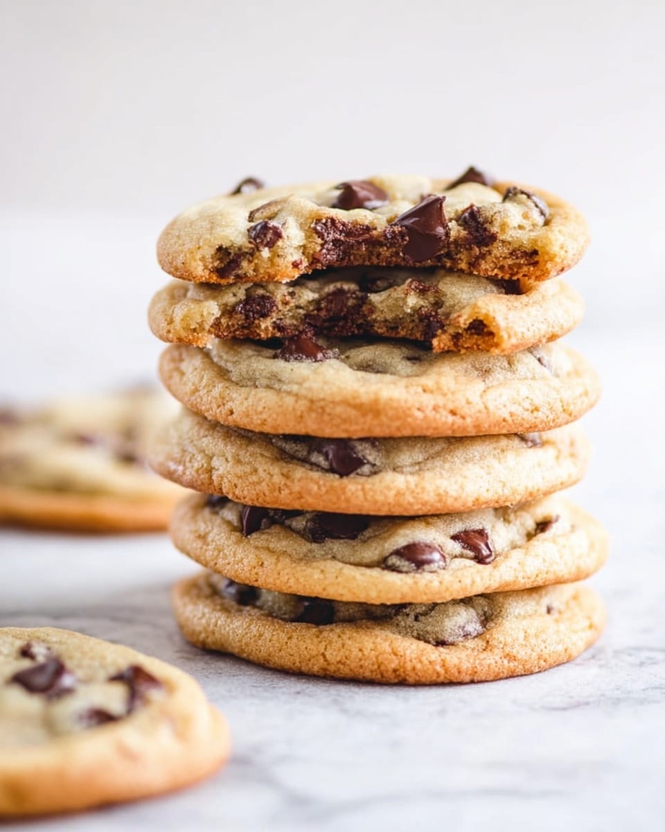A stack of six round chocolate chip cookies with a light golden-brown color is placed on a white marbled surface. The top cookie has a bite taken out, showing soft texture and melted dark chocolate chips inside. The cookies have many chocolate chips scattered evenly on their surface and inside. In the background, one more cookie lies flat, slightly blurred. The overall look is warm and homemade. photo taken with an iphone --ar 4:5 --v 7