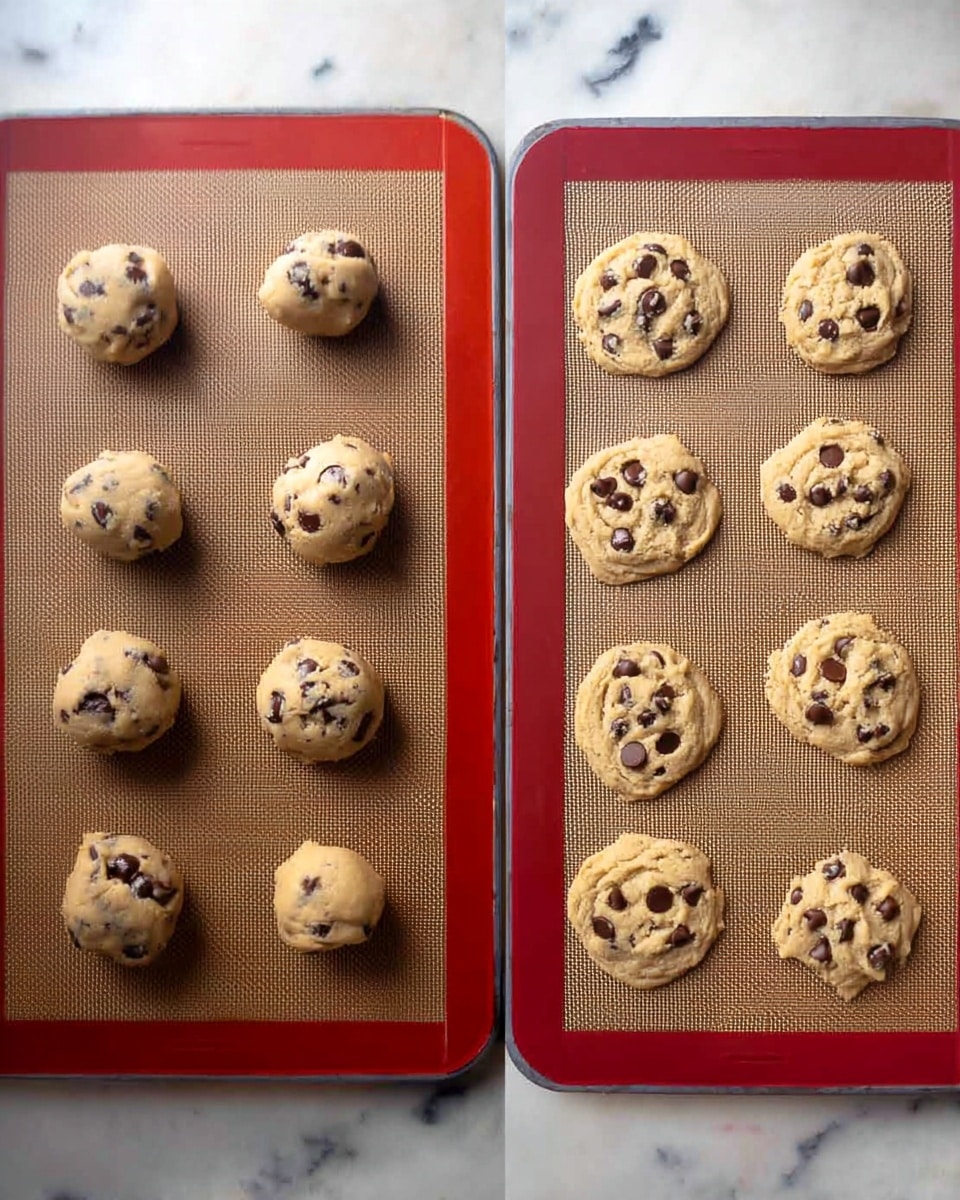 The image shows two baking sheets side by side on a white marbled surface. On the left baking sheet, there are nine round cookie dough balls with visible dark chocolate chips, spaced evenly on a brown silicone baking mat with a red border. On the right baking sheet, there are nine baked cookies that are flat and slightly golden with melted chocolate chips on top. The cookies are arranged in almost the same pattern as the dough balls, on a similar brown silicone baking mat with a red border. Photo taken with an iphone --ar 4:5 --v 7