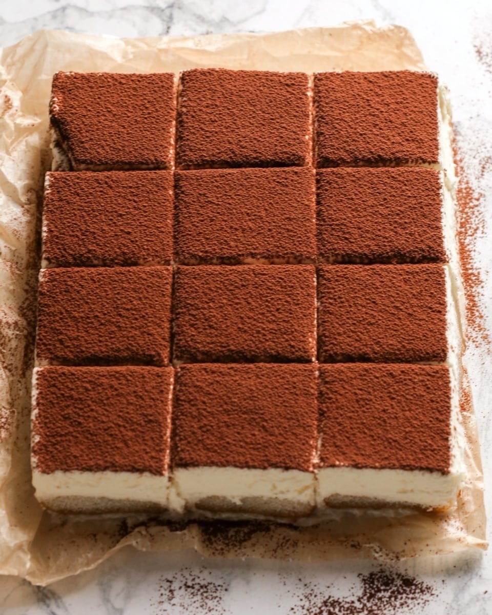 The image shows a square tiramisu dessert with eight even slices. The top layer is dusted thickly with fine brown cocoa powder, covering the entire surface smoothly. Underneath, there is a creamy light beige layer, visible along the edges, sitting on a soft, light sponge base. The dessert rests on crumpled parchment paper on a white marbled surface. The edges of the dessert are clean and straight, with no spills or smudges. photo taken with an iphone --ar 4:5 --v 7