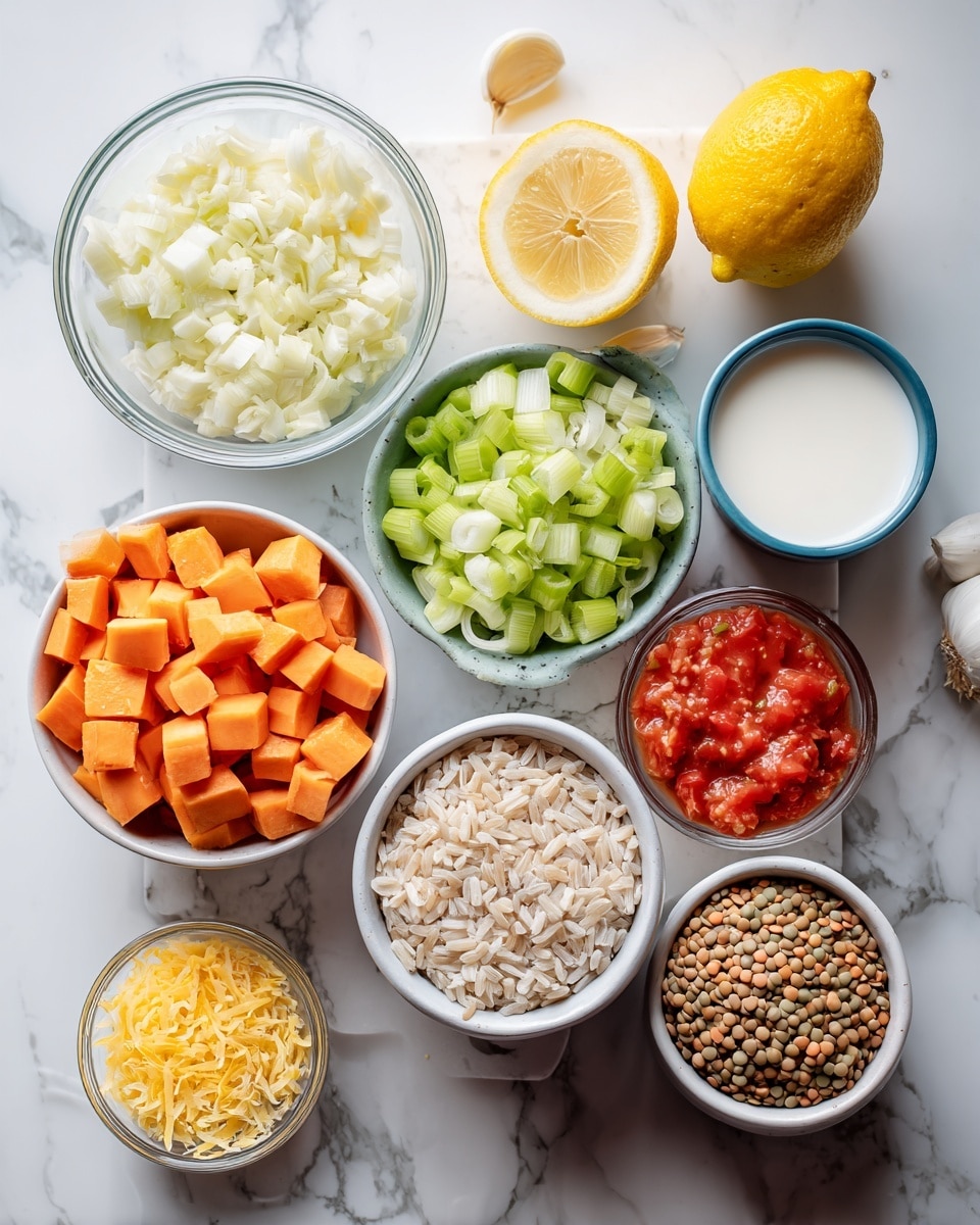 Top-down professional food photography flat lay style, bright white marble countertop, neatly arranged, evenly spaced, tidy, clean organized layout, include: small bowls of peeled and finely diced garlic cloves, chopped sweet potato chunks in a bowl, chopped leek pieces in a bowl, small glass cup of coconut milk, small glass cup of chopped tomatoes, small bowl of precooked brown rice, small bowl of drained cooked cannellini beans, small bowl of drained cooked lentils, small glass cup with fresh lemon halves and lemon zest, bright soft natural lighting, sharp focus, high detail textures, realistic reflections, professional DSLR look, 4K, no finished dish, no cooked food, no hands, no text, no watermark, no brand logos --ar 4:5 --v 7