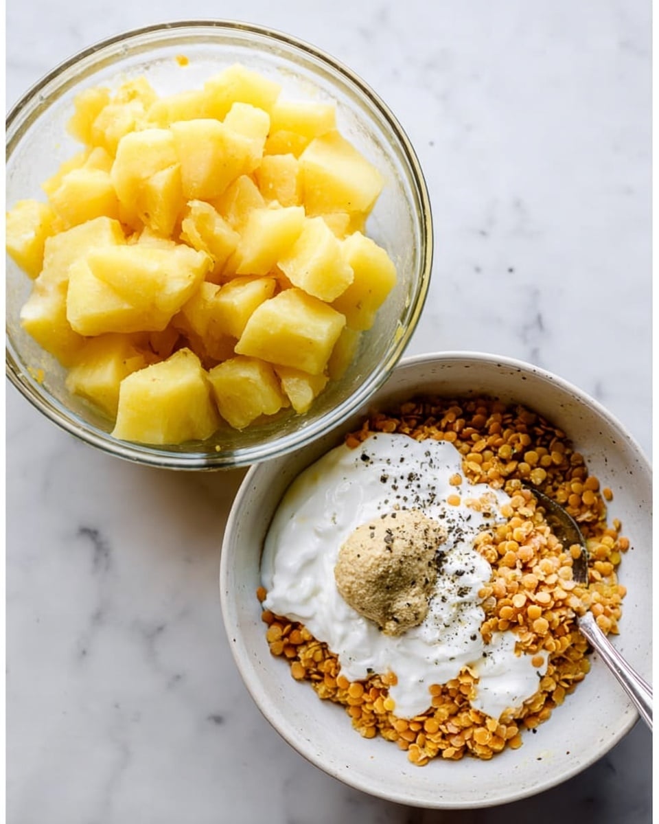 The image shows two bowls side by side on a white marbled surface. The left bowl is clear glass, filled with yellow chunks of cooked potato piled high, with smooth, soft texture visible on the pieces. The right bowl is white ceramic, containing a mixture of rough, crumbled pale orange lentils on the bottom, topped with three dollops: a white creamy layer, a light brown mustard-like dollop with black pepper sprinkled on top, and a partially mixed liquid white sauce pooling at the bottom right of the bowl. A metal spoon with a long handle rests in the bowl on the right, leaning against its side. photo taken with an iphone --ar 4:5 --v 7