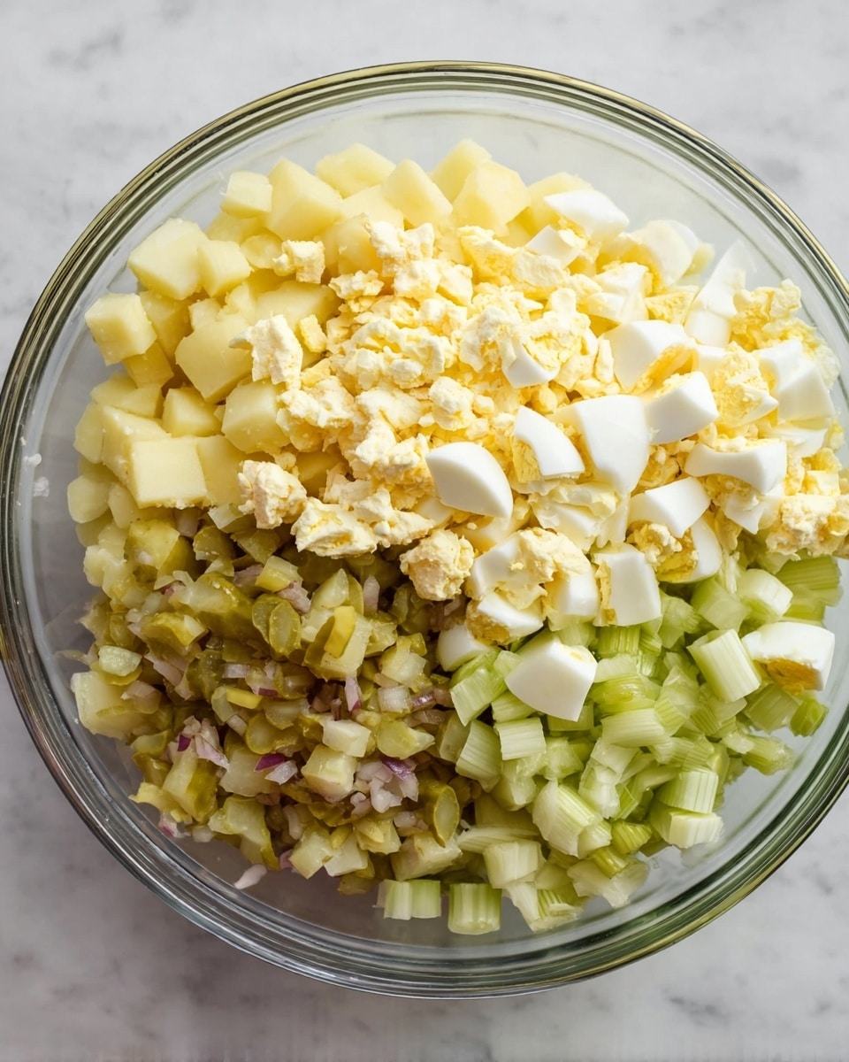A clear glass bowl holds several layers of diced ingredients arranged separately without mixing. At the top, there is a light yellow and white layer of chopped hard boiled eggs with a soft, crumbly texture. Below and to the left, pale yellow diced potatoes form a solid base layer. Next to the potatoes, toward the bottom left, are darker greenish-brown chopped pickles with a rough texture. Finally, at the bottom right, pale green diced celery pieces add a crunchy contrast. The bowl is placed on a white marbled surface. Photo taken with an iphone --ar 4:5 --v 7