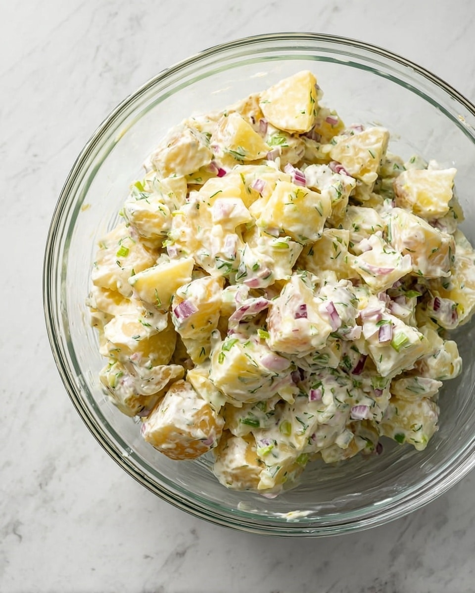 A clear glass bowl filled with a chunky potato salad that has roughly three layers of ingredients mixed together. The main layer is made up of light yellow potato cubes coated in a thick creamy white dressing. Small bits of green celery and red onion are spread evenly throughout, adding green and purple specks among the potatoes. Tiny pieces of green herbs are scattered throughout, giving some fresh texture. The bowl sits on a smooth white marbled surface. photo taken with an iphone --ar 4:5 --v 7