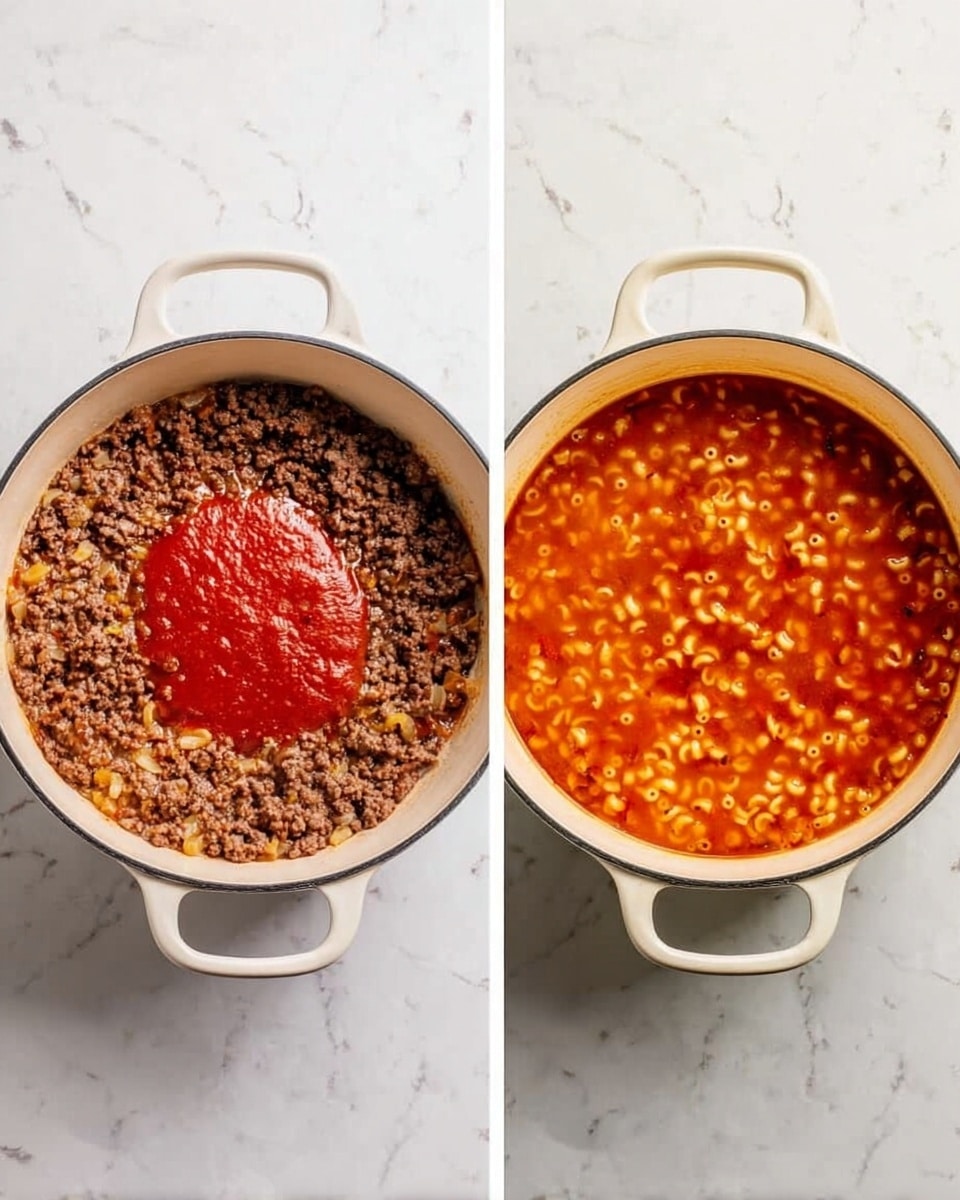 The left image shows a white pot with cooked ground meat and onions covering the whole bottom layer in brown and light beige colors, with a dollop of thick, bright red sauce placed in the center on top. The right image shows the same white pot filled with a reddish-orange broth with small macaroni noodles floating mostly in the middle, creating a bubbly texture on the surface. Both pots are set on a white marbled surface. photo taken with an iphone --ar 4:5 --v 7