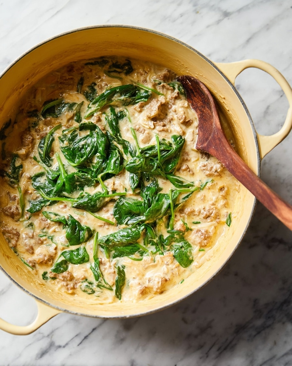 A large round yellow pot is filled with a creamy dish that has three main layers: a light brown meat layer with small chunks, a creamy pale yellow sauce mixed well throughout, and fresh bright green spinach leaves spread evenly on top. A wooden spoon scoops into the mix on the right side of the pot. The pot rests on a white marbled surface. photo taken with an iphone --ar 4:5 --v 7