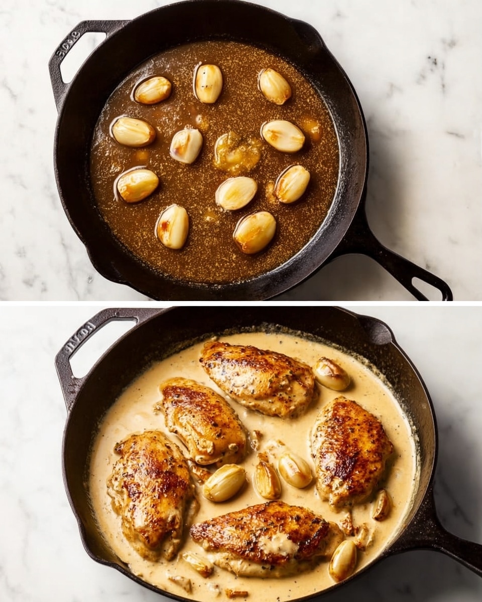 A black cast iron pan sits on a white marbled surface. In the first image, the pan contains a dark brown liquid with a slight shine, and scattered on top are several golden browned whole garlic cloves evenly placed around the pan. In the second image, the same pan now holds four large cooked chicken fillets with a golden crust, arranged closely together and sitting in a thick, light beige creamy sauce. The garlic cloves are still visible, nestled around the chicken in the sauce, adding texture and color contrast. Photo taken with an iphone --ar 4:5 --v 7