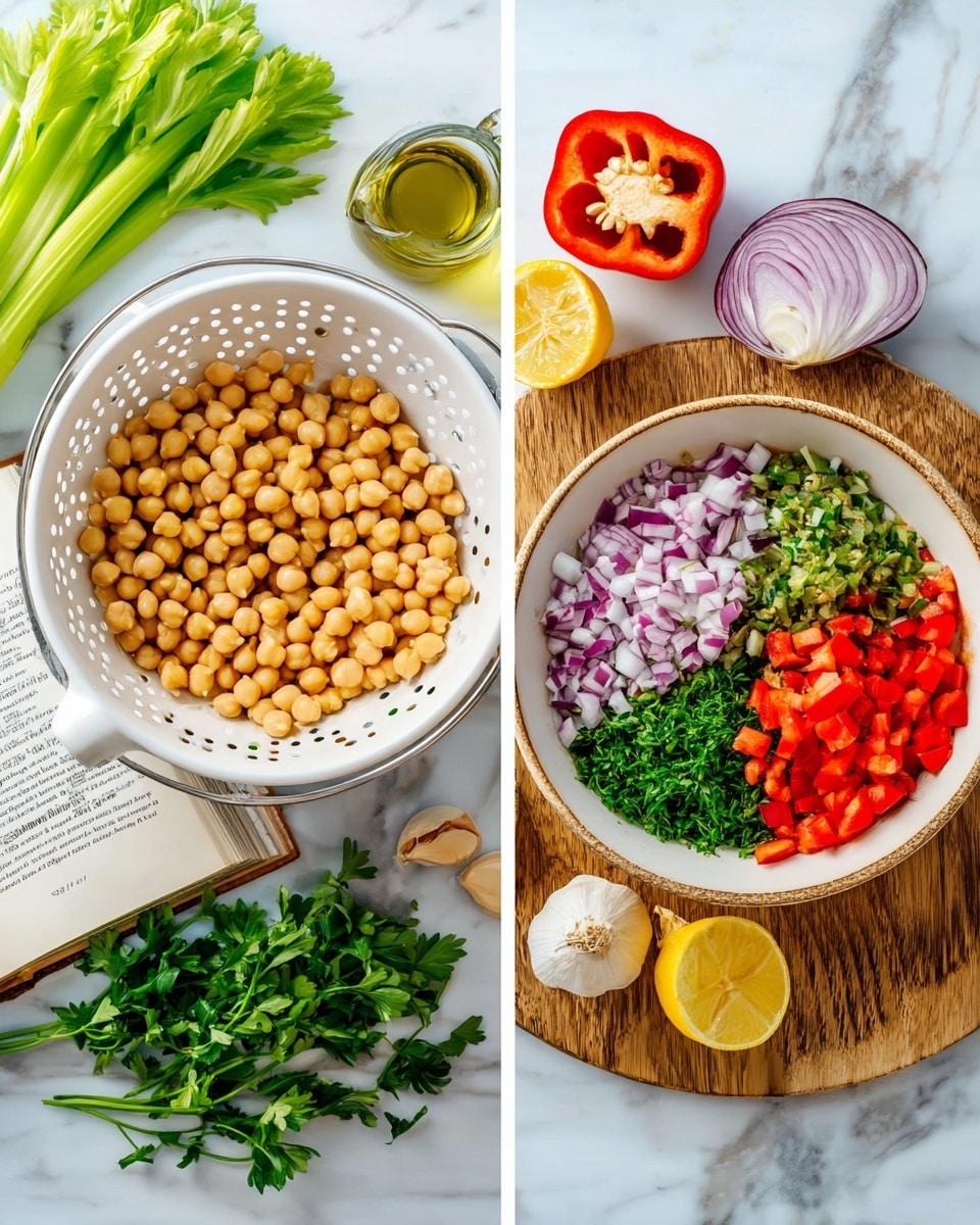 The image shows two parts: on the left, a white colander filled with light brown chickpeas sits on a white marbled surface, surrounded by fresh green celery stalks, two red bell pepper halves, a half purple onion, two lemon halves, and two garlic cloves. On the right, a white bowl sits on a round wooden board, filled with four distinct layers of ingredients arranged side by side: the bottom left layer has the same light brown chickpeas, next to it on the top left are small pieces of chopped purple onion, on the top right is chopped green parsley, and on the bottom right are small chopped red bell pepper pieces. A small clear bottle with green olive oil and an open book are in the background on the white marbled surface. Photo taken with an iphone --ar 4:5 --v 7
