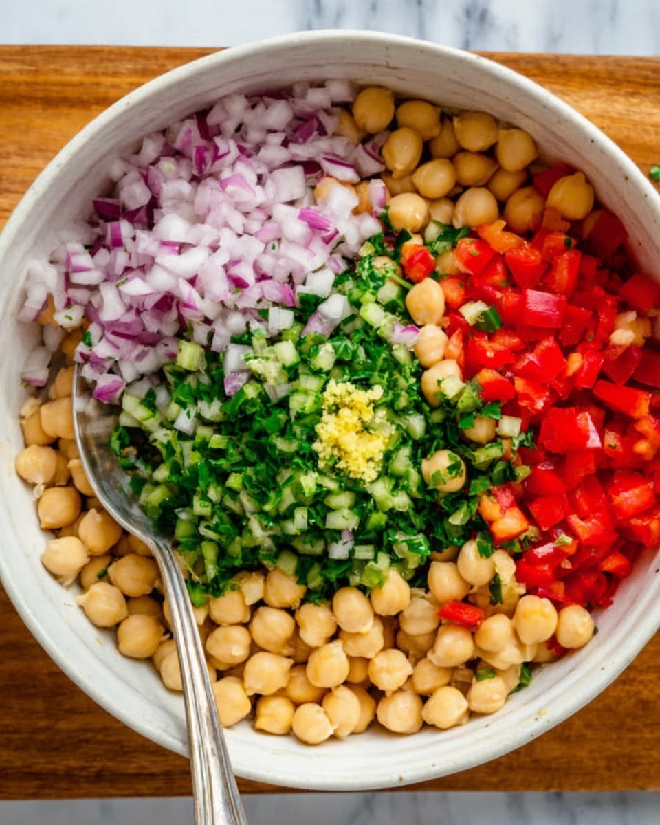 A white bowl filled with chickpeas on the bottom left side, topped with finely chopped red onions on the top left, chopped green herbs and celery in the center, diced red bell peppers to the right, and a small amount of yellow minced garlic in the middle near the top. A silver spoon is placed inside the bowl, resting on the edge. The bowl sits on a wooden surface, with a white marbled background visible. Photo taken with an iphone --ar 4:5 --v 7