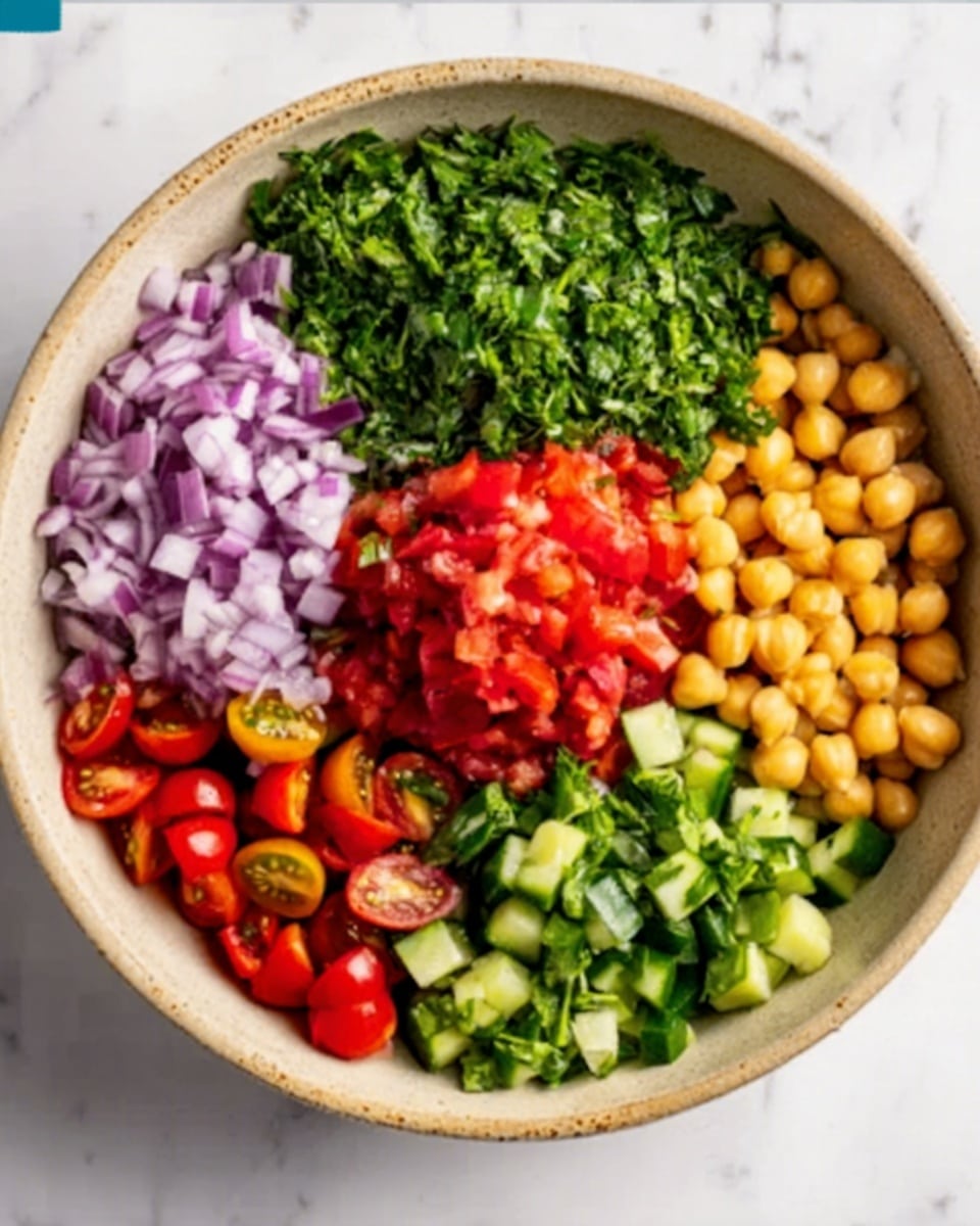 A round beige bowl placed on a white marbled surface holds six different layers of fresh ingredients arranged neatly side by side. Starting from the top left, there is a layer of finely chopped red onions with a purple color and rough texture. Next to it, on the top right, is a bright green layer of chopped parsley with a leafy texture. Moving clockwise, there is a red chopped tomato layer with a juicy and soft texture. Below the tomatoes, on the bottom right, is a group of round golden chickpeas with a smooth, firm texture. To their left, there is a heaping of chopped green herbs with small leaves. On the bottom left, there are halved small red cherry tomatoes revealing their juicy interior. Lastly, above the tomatoes, is a layer of diced green cucumber with a smooth and slightly shiny texture. The layers are separate but fill the bowl evenly, creating a colorful and fresh arrangement. photo taken with an iphone --ar 4:5 --v 7