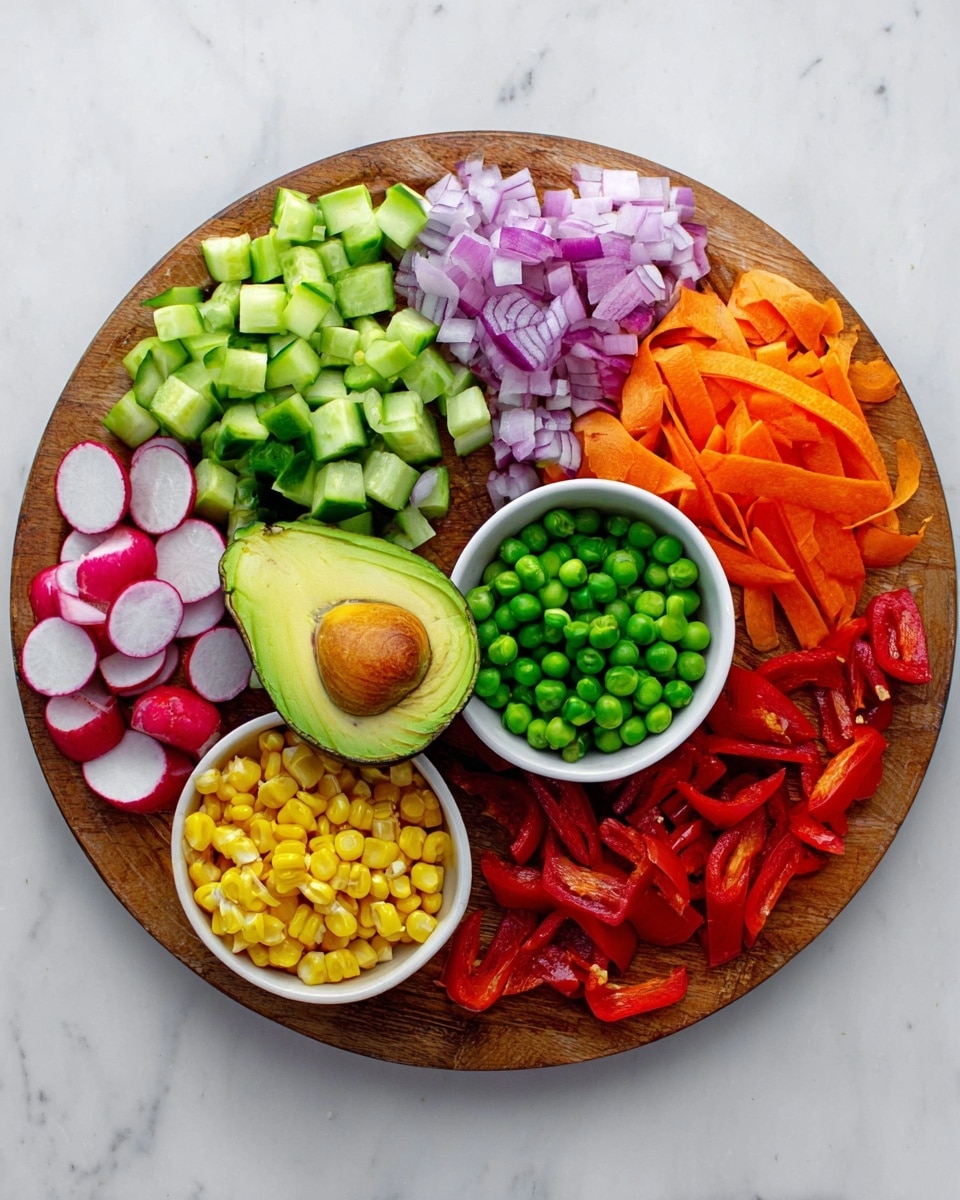 A wooden round board holds neatly arranged fresh vegetables on a white marbled surface. Starting clockwise from the top, there are bright green cucumber chunks, pale purple onion pieces, and thin orange carrot strips. Next to this is a halved avocado showing its green flesh and dark seed. At the center bottom, three small white bowls hold different vegetables: vibrant green peas, bright yellow corn, and roasted red pepper strips. Around the bowls, there are red cherry tomato halves and round radish slices with white centers and pink edges. The colors and textures are fresh and crisp, displayed in clean, organized layers. Photo taken with an iphone --ar 4:5 --v 7