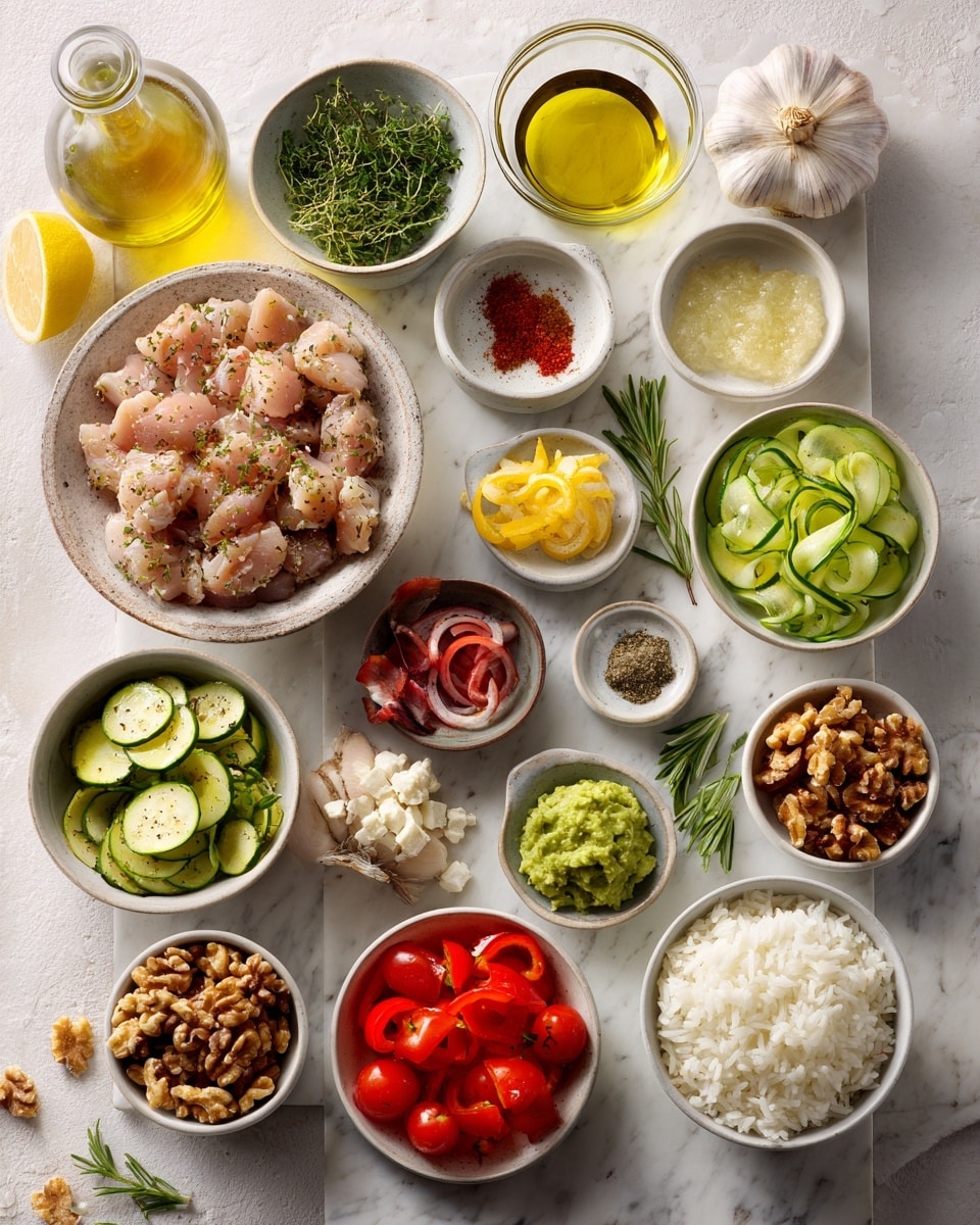 Top-down professional food photography, flat lay style, bright white marble countertop, neatly arranged, evenly spaced, tidy, clean organized layout. Include: bowl of prepared chicken pieces seasoned with herbs and spices, small bowl of minced garlic, small bowl of lemon zest, small bowl of smoked paprika, small bowl of onion powder, small bowl of cayenne pepper, small bowl of chopped fresh rosemary, small bowl of chopped fresh parsley and basil, small glass bottle of extra virgin olive oil, bowl of quartered red bell peppers, bowl of sliced zucchini rounds, small bowl of mashed avocado, small glass cup of lemon juice, bowl of cooked basmati rice, bowl of halved cherry tomatoes, small bowl of roughly chopped toasted walnuts, small bowl of crumbled cheese (feta, goat, or blue). Bright soft natural lighting, sharp focus, high detail textures, realistic reflections, professional DSLR look, 4K. No finished dish, no cooked food, no hands, no text, no watermark, no brand logos --ar 4:5 --v 7