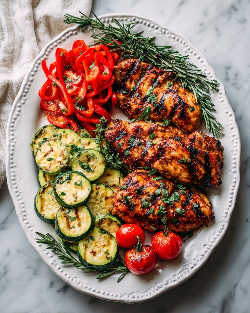 A white ornate oval plate sits on a white marbled surface, filled with four main layers arranged side by side. On the right, there are three pieces of grilled reddish-brown chicken with charred black lines and small green herb leaves scattered on top. The middle right section features bright red cherry tomatoes, halved to show their juicy inner texture. To the middle left are slices of grilled zucchini with a light green and yellow tone, marked by black grill lines and topped with fresh green herbs. On the left side of the plate, thin red bell pepper strips add a bright splash of color, mixed with green herb sprigs. The top of the plate has a sprig of fresh rosemary over the bell peppers. The photo has soft natural lighting, photo taken with an iphone --ar 4:5 --v 7