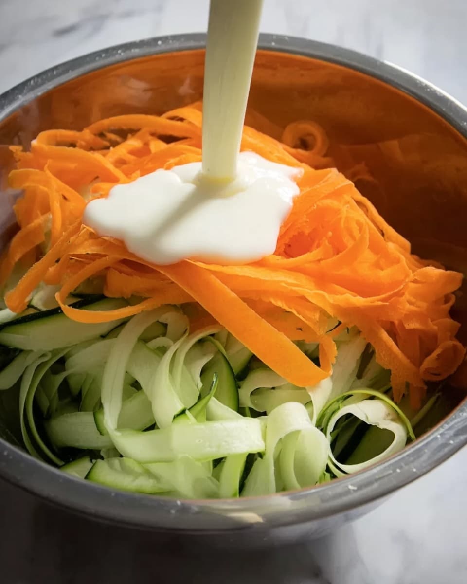 In a stainless steel bowl on a white marbled surface, there are three visible layers: at the bottom, long, thin, curled green cucumber ribbons, on top of that a smooth layer of thick white sauce being poured from above, and on the upper layer, wide, flat orange carrot strips placed loosely. The white sauce is creamy and glossy, slightly pooling on the vegetables below. The image captures the moment of pouring, with a sense of fresh, raw ingredients ready to be mixed. photo taken with an iphone --ar 4:5 --v 7