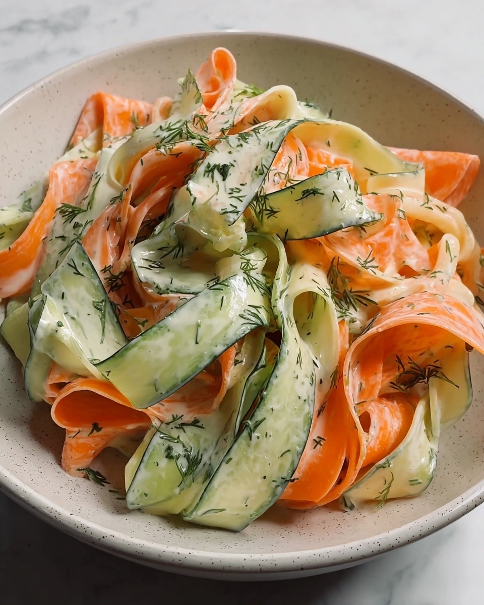 A bowl filled with thin, long ribbons of cucumber and carrot layered together, each piece coated lightly with a creamy white dressing that gives a shiny texture. The cucumber ribbons are pale green with dark green edges, and the carrot ribbons are a soft orange. Small bits of fresh green dill are sprinkled on top and throughout the ribbons, adding a touch of fine green texture. The dish is served in a white bowl placed on a white marbled surface. Photo taken with an iphone --ar 4:5 --v 7