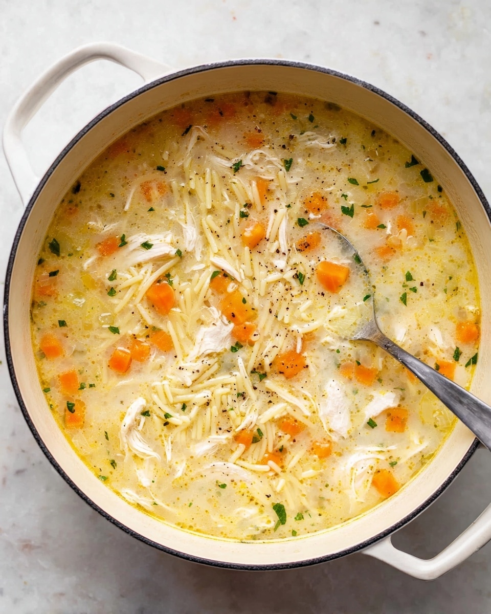 A large white pot filled with a creamy chicken and orzo soup. The soup has a light yellow broth with small pieces of white chicken, tiny orange carrot cubes, bits of green celery, and green herbs scattered evenly throughout. A shiny silver ladle rests inside the pot, partially submerged in the soup. The pot is placed on a white marbled surface. photo taken with an iphone --ar 4:5 --v 7