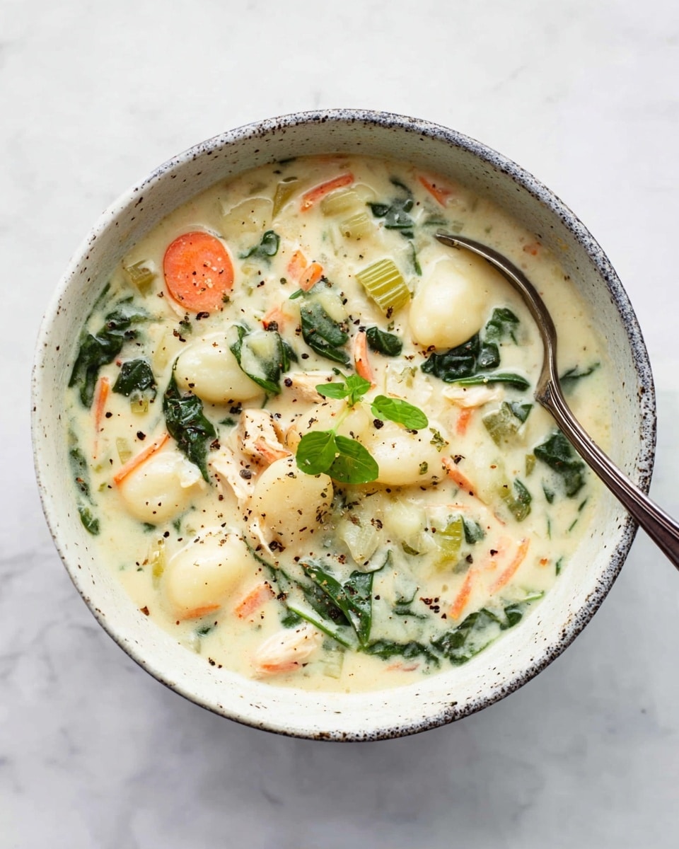 A white bowl with black speckles is filled with a creamy soup that has visible soft pieces of light beige gnocchi, orange thin carrot strips, pale green celery slices, dark green spinach, and small white chunks of chicken, all floating in a thick off-white broth. The soup is sprinkled with black pepper and small green herb sprigs as garnish. A silver spoon rests inside the bowl on a white marbled surface. photo taken with an iphone --ar 4:5 --v 7