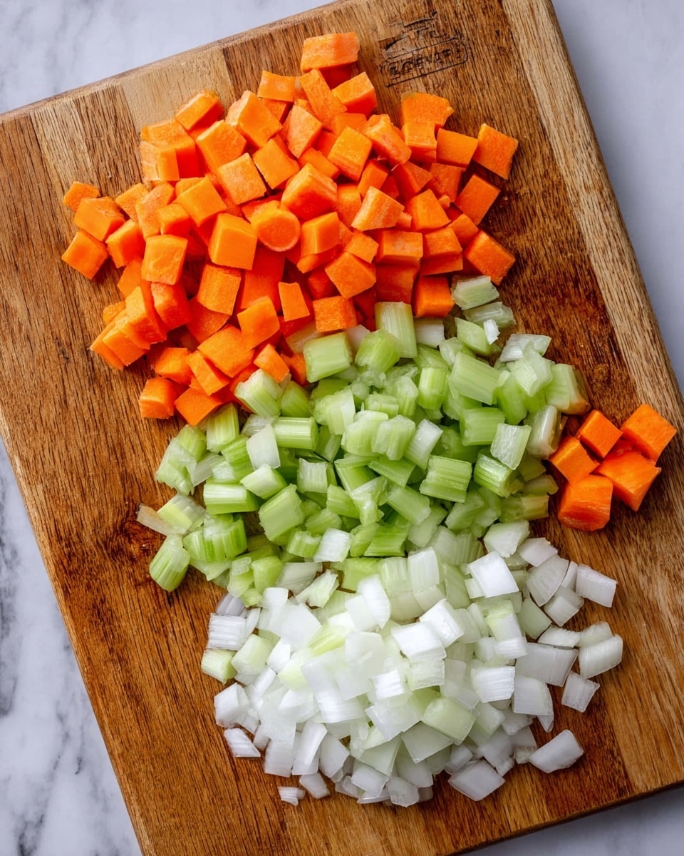 The image shows three layers of diced vegetables neatly placed on a wooden cutting board. At the top, there is a bright orange layer of small carrot cubes, followed below by a light green layer of diced celery. At the bottom, there is a white layer of chopped onions with a slightly translucent texture. The cutting board is set on a white marbled surface, giving a clean and fresh look to the scene. photo taken with an iphone --ar 4:5 --v 7