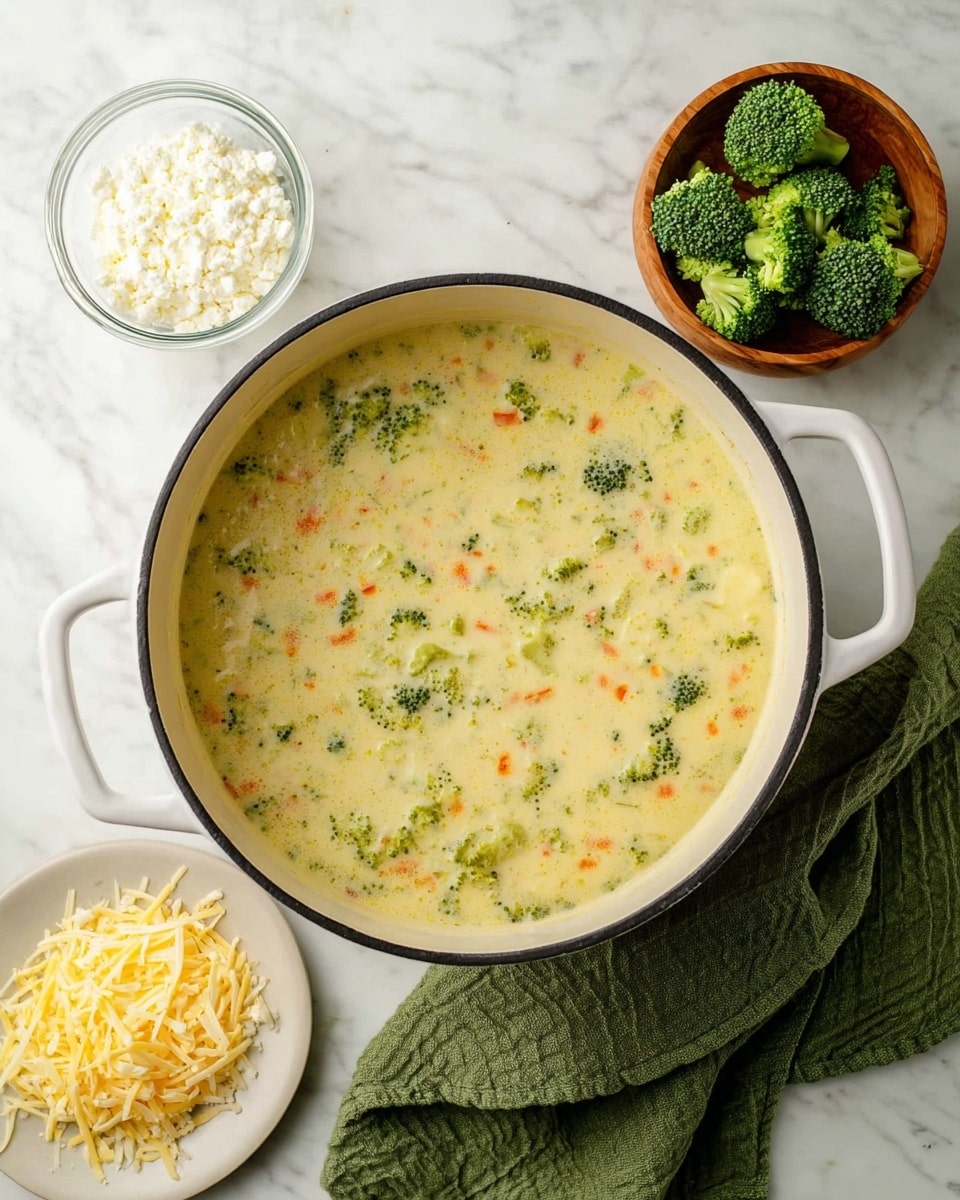 A white pot filled nearly to the top with creamy broccoli cheese soup that is light yellow with small green broccoli bits and orange carrot pieces mixed throughout, placed on a white marbled surface. To the left, there is a white bowl filled with fresh green broccoli florets and one broccoli floret resting just above the pot. To the right, there is a glass bowl containing white cottage cheese and a small white plate holding shredded white cheese. A green cloth napkin is folded and placed below the pot on the left side. photo taken with an iphone --ar 4:5 --v 7