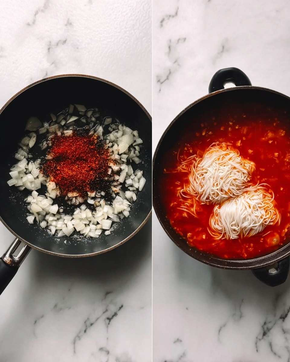 The image shows two white bowls on a white marbled surface. The bowl on the left has a base layer of cooked white rice with a pile of bright red spice on top, along with small pieces of chopped garlic and a bit of oil around the rice. The bowl on the right is filled with a thick, bright red sauce topped with two small white bundles of shredded ingredients, sitting on the surface of the sauce. The scene is well-lit and clear, photo taken with an iphone --ar 4:5 --v 7