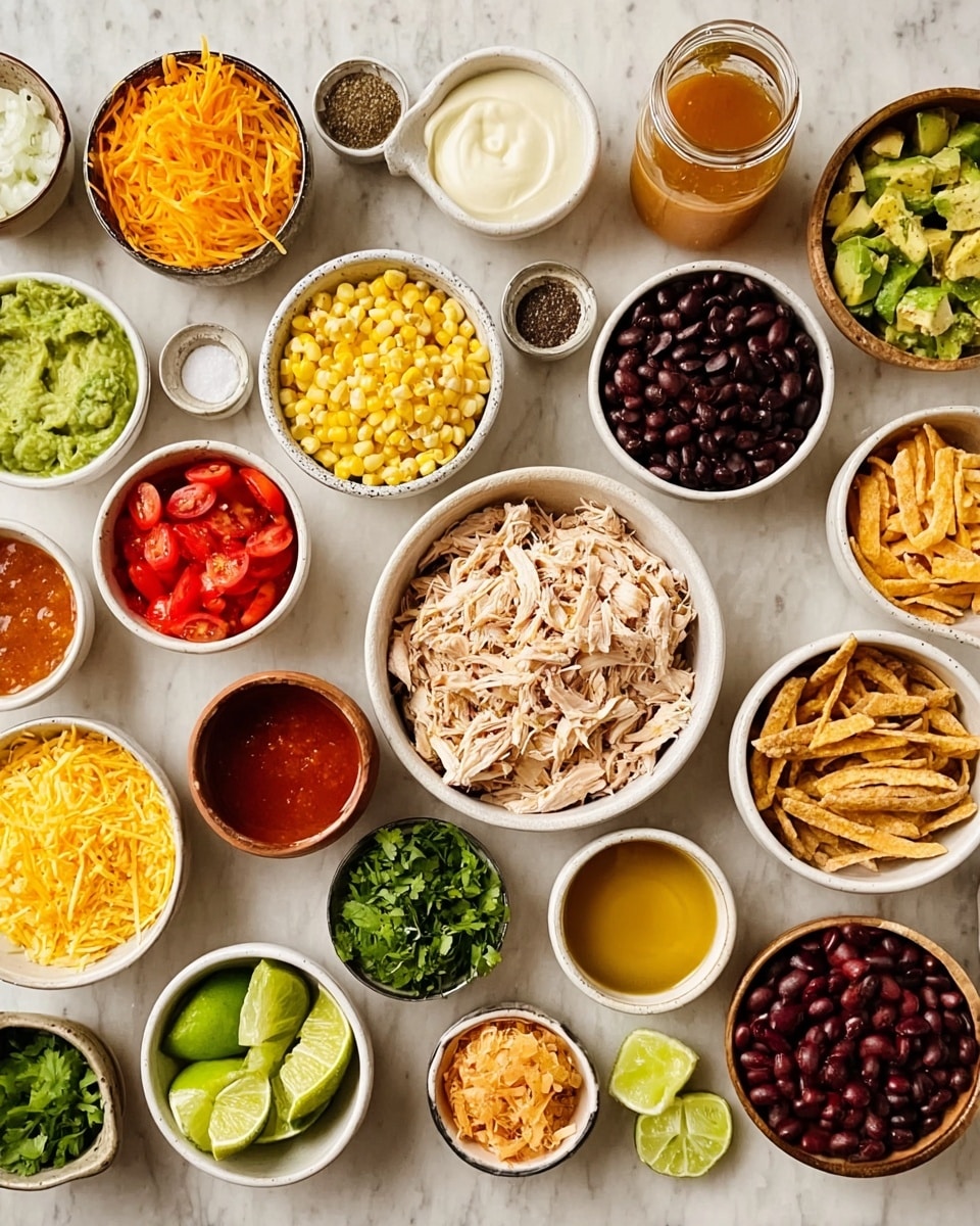 A top view of many white bowls and small dishes on a white marbled surface, each holding different ingredients. In the center is a bowl with shredded white chicken. Surrounding it clockwise are black beans, yellow corn kernels, shredded orange cheese, a white jar of milk, a small bowl of salt, a bowl of black pepper, fresh green cilantro leaves, a bowl with a yellow sauce, a wooden bowl filled with cubed green avocado, two small white bowls with red and brown spices, a small bowl with white sour cream, a bowl of red salsa with diced tomatoes, a wooden bowl with thin crispy tortilla strips, a small bowl with green chopped peppers, a bowl with white onion pieces, a small yellow bowl with a yellow oil sauce, lime wedges on a white bowl, minced garlic in a white bowl, and finally a glass of red sauce and a jar of light brown broth. The whole scene is bright and clean with natural light photo taken with an iphone --ar 4:5 --v 7