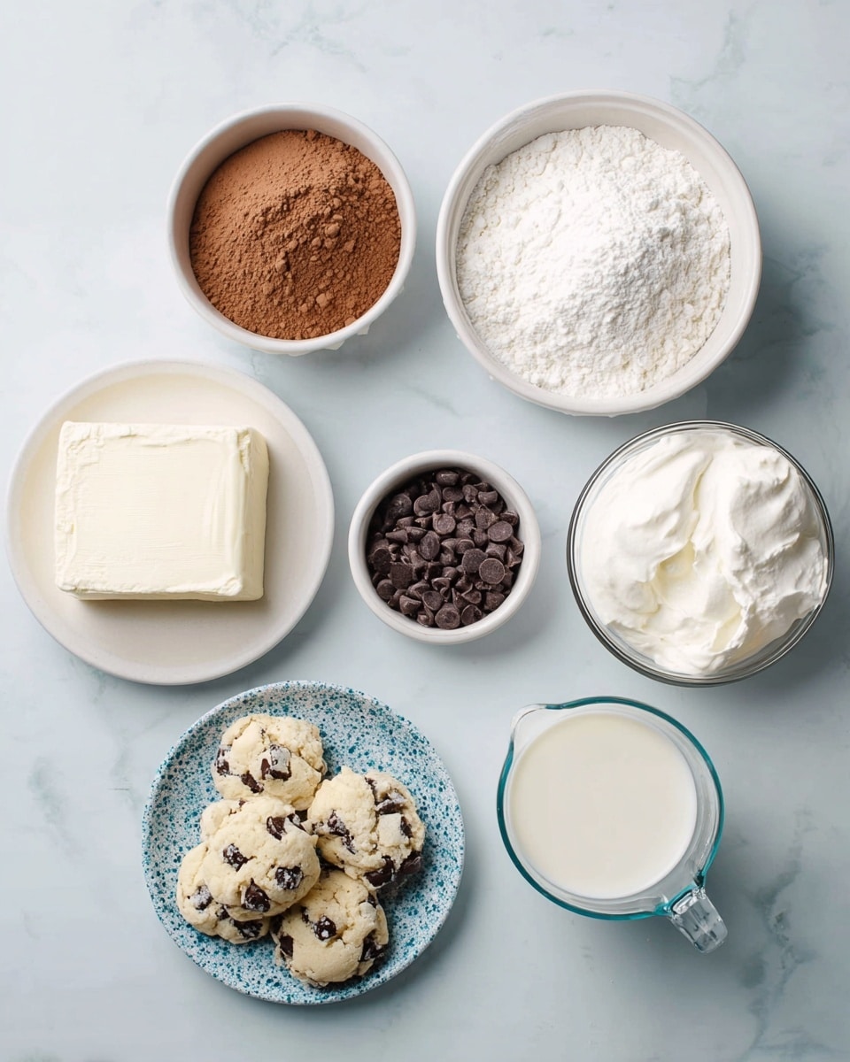 The image shows a flat layout of eight bowls and a small plate with baking ingredients arranged neatly on a white marbled surface. At the top left, a white bowl contains light brown cocoa powder, next to it on the right is another white bowl with white flour. To the right of the flour is a small white bowl filled with small dark chocolate chips. At the top far right, there is a clear white bowl full of smooth white cream. Below those, in the center, a white bowl holds white powdered sugar with a soft texture. Below that is a small white plate with a block of smooth cream cheese. To the left of the cream cheese, a round white bowl with blue and black spots holds several small chunky cookies with visible chocolate chips. Finally, to the bottom right is a glass measuring cup filled with white milk. The photo is taken with an iphone --ar 4:5 --v 7