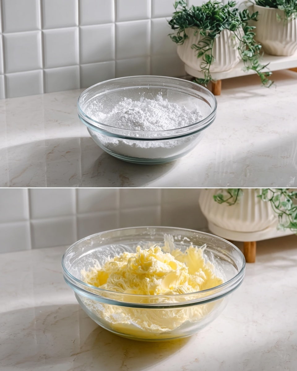 A clear glass bowl is set on a white marbled surface with light coming from the left side. Inside the bowl, there are two layers: the bottom layer is pale yellow, soft butter, and the top layer is a pile of white powdered sugar resting on the butter. In the second image, the butter and powdered sugar are mixed together into a creamy, light yellow texture with a soft, smooth look. In the background, there are two textured white mugs with hanging green plants, sitting on a white stand against white tiled walls. The scene is bright and simple. photo taken with an iphone --ar 4:5 --v 7