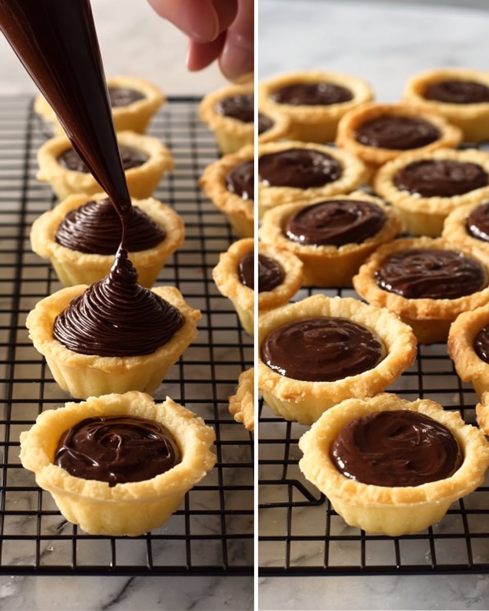 The image shows two side-by-side photos of small tart shells on a black cooling rack set on a white marbled surface. The tart shells are light golden and have poofy edges with crisp texture. In the left photo, a woman's hand is squeezing dark, shiny chocolate cream from a piping bag into an empty tart shell, with the chocolate forming a shiny and smooth mound. The right photo shows multiple tart shells filled with the same glossy chocolate cream, each filled evenly with a smooth surface and a slight swirl pattern on top. Photo taken with an iphone --ar 4:5 --v 7