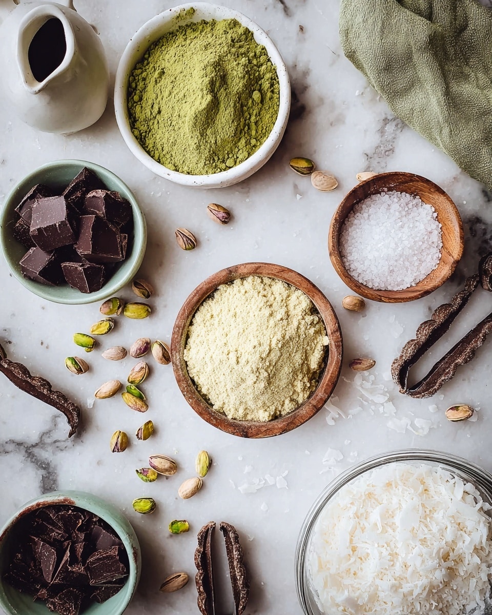 The image shows a white marbled surface with multiple small bowls and items arranged on it. In the center left, there is a white bowl filled with green powder. To its right, a wooden bowl holds a mound of pale yellow powder. Above, a small round wooden bowl contains coarse white salt. Next to it is a white ceramic jug, and a green cloth is placed nearby. At the top center, a greenish bowl holds dark brown chocolate pieces. Scattered pistachio nuts and shells are spread between the bowls, with a pair of dark brown nutcrackers lying near the salt bowl. At the bottom, a small white bowl contains more dark chocolate pieces, and next to it is a glass container filled with white coconut flakes or shredded coconut. Photo taken with an iphone --ar 4:5 --v 7