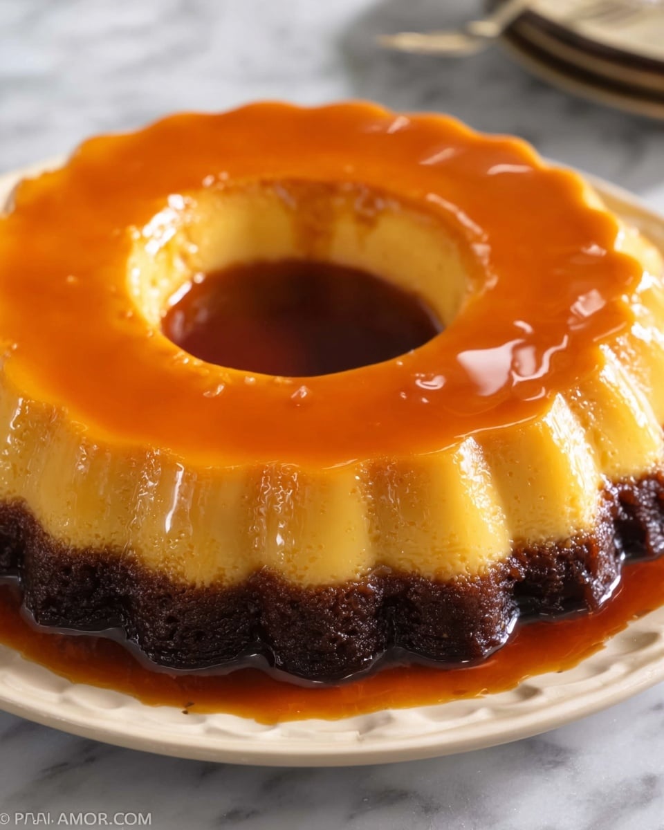 The dessert is a ring-shaped flan with two distinct layers on a white plate. The top layer is a smooth, shiny, light golden caramel with a glossy texture that gently drapes over the edges, while the bottom layer is a darker, rich caramelized base with a slightly rough texture, creating a strong contrast. The flan has scalloped edges, and the plate sits on a white marbled surface, giving a clean and fresh look. Photo taken with an iphone --ar 4:5 --v 7
