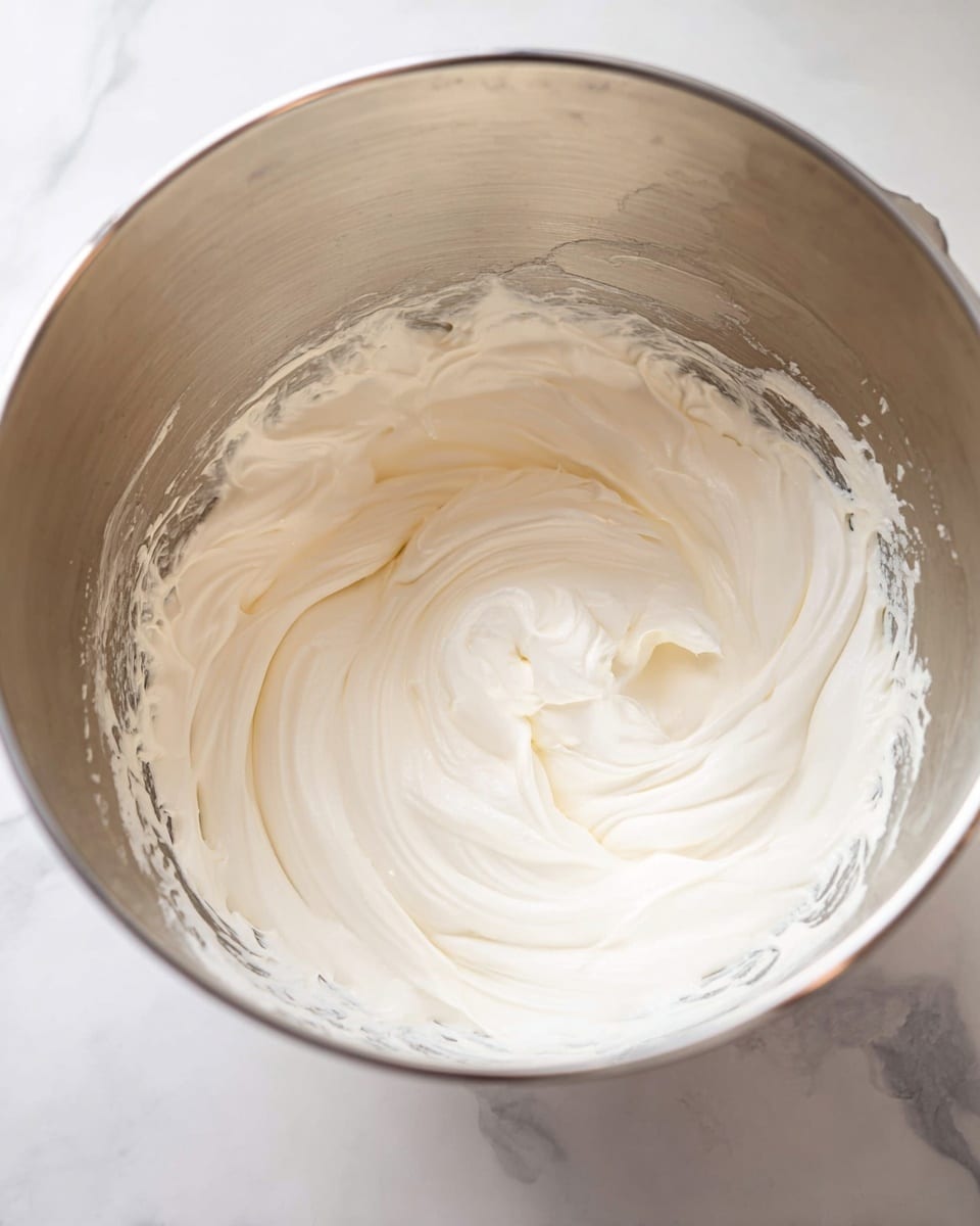 A shiny metal mixing bowl holding a smooth, thick, creamy white mixture. The surface of the mixture shows soft swirled peaks and gentle folds, indicating it has been whipped to a fluffy texture. The bowl has some smudges of the cream clinging to its sides. The whole setup sits on a white marbled surface. Photo taken with an iphone --ar 4:5 --v 7
