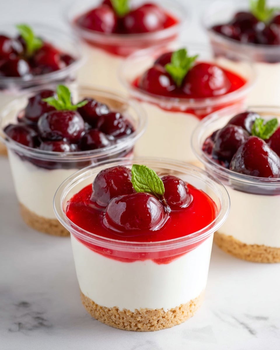 This image shows several clear plastic cups filled with a three-layer dessert. The bottom layer is light brown and looks like a crumbly crust. The middle layer is thick and white, creamy in texture. On top, there is a bright red fruit topping with whole cherries and a shiny sauce. Each cup is garnished with a small green mint leaf on top of the fruit layer. The cups are set on a white marbled surface with soft light, showing a clean and fresh look. photo taken with an iphone --ar 4:5 --v 7