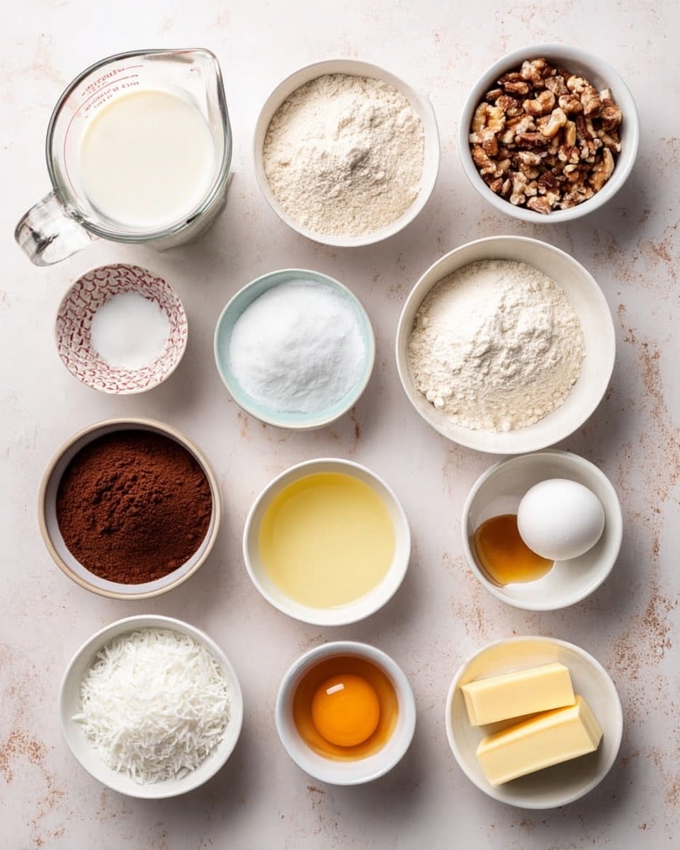 The image shows twelve small white bowls and one glass cup arranged on a white marbled surface, each filled with different ingredients for a recipe. Starting from the top left, there is a glass measuring cup filled with white milk. Next to it is a white bowl with white flour, then a bowl with light brown sugar, followed by a bowl with off-white liquid, and a bowl with chopped nuts on the far right. Below these, from left to right, there is a small bowl with white salt, a bowl with dark brown cocoa powder, a bowl with a clear yellow liquid, a bowl filled with white sugar, and a bowl filled with white shredded coconut. At the bottom, there is a bowl with white powder, a bowl with brown vanilla extract, a bowl with an orange egg yolk, and a bowl with two pieces of yellow butter. The ingredients are neatly placed in a grid-like pattern. Photo taken with an iphone --ar 4:5 --v 7