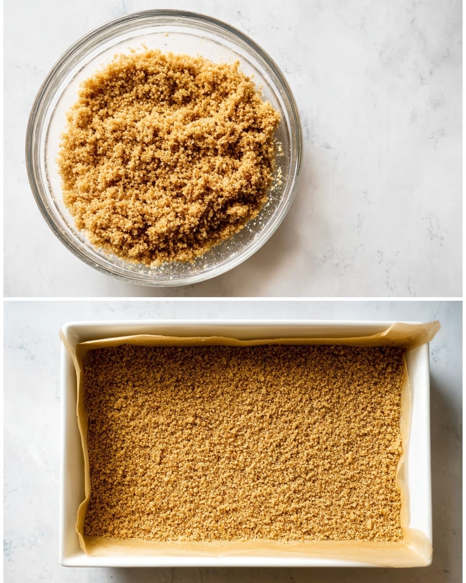 The image shows two parts: on the left, a clear glass bowl filled with golden brown crumbs with a rough texture, sitting on a white marbled surface. The crumbs look dry and grainy, filling the bowl almost to the top. On the right side, there is a white rectangular baking dish lined with parchment paper, tightly filled with an even layer of the same golden brown crumbs crushed finely and spread flat to cover the entire bottom. Both items are placed on a white marbled surface. photo taken with an iphone --ar 4:5 --v 7