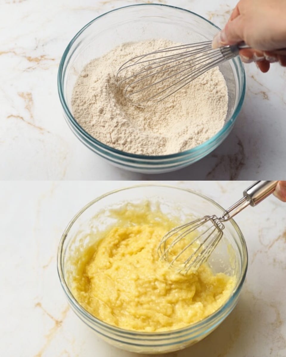 The image shows two clear glass mixing bowls on a white marbled surface. The first bowl contains a dry flour mixture with a light beige color, being whisked by a woman's hand holding a metal whisk from above. The second bowl has a thick, yellow batter with a soft texture, being mashed by a woman’s hand holding a potato masher from above. Both bowls are large and round, with the bowls and tools clearly visible. photo taken with an iphone --ar 4:5 --v 7