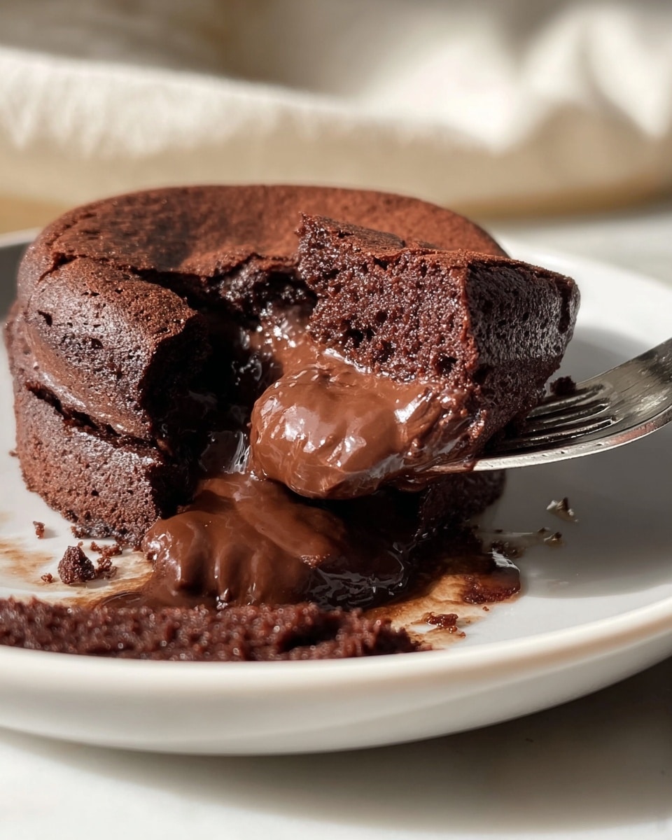 The image shows a close-up of a rich chocolate lava cake on a white plate. The cake has two layers, with a thick, cracked top layer that is deep brown and matte, and an inner layer oozing with shiny, molten chocolate. The molten center looks soft and smooth, spilling out slightly onto the plate. A silver spoon pierces the cake from the bottom right corner, lifting a piece of the moist chocolate cake. The plate sits on a white marbled surface with a soft, creamy light background. Photo taken with an iphone --ar 4:5 --v 7
