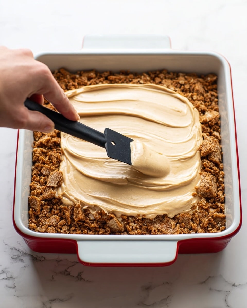 A woman's hand is holding a black-handled spatula spreading a thick, smooth, light beige creamy layer evenly over a base layer of crushed toffee or caramel-colored crunchy pieces inside a square white baking dish with a red rim. The bottom layer shows rough, textured chunks with darker and lighter brown shades, while the top creamy layer looks soft and fluffy. The dish sits on a surface with a white marbled texture, and the light shines softly from the top left corner. photo taken with an iphone --ar 4:5 --v 7